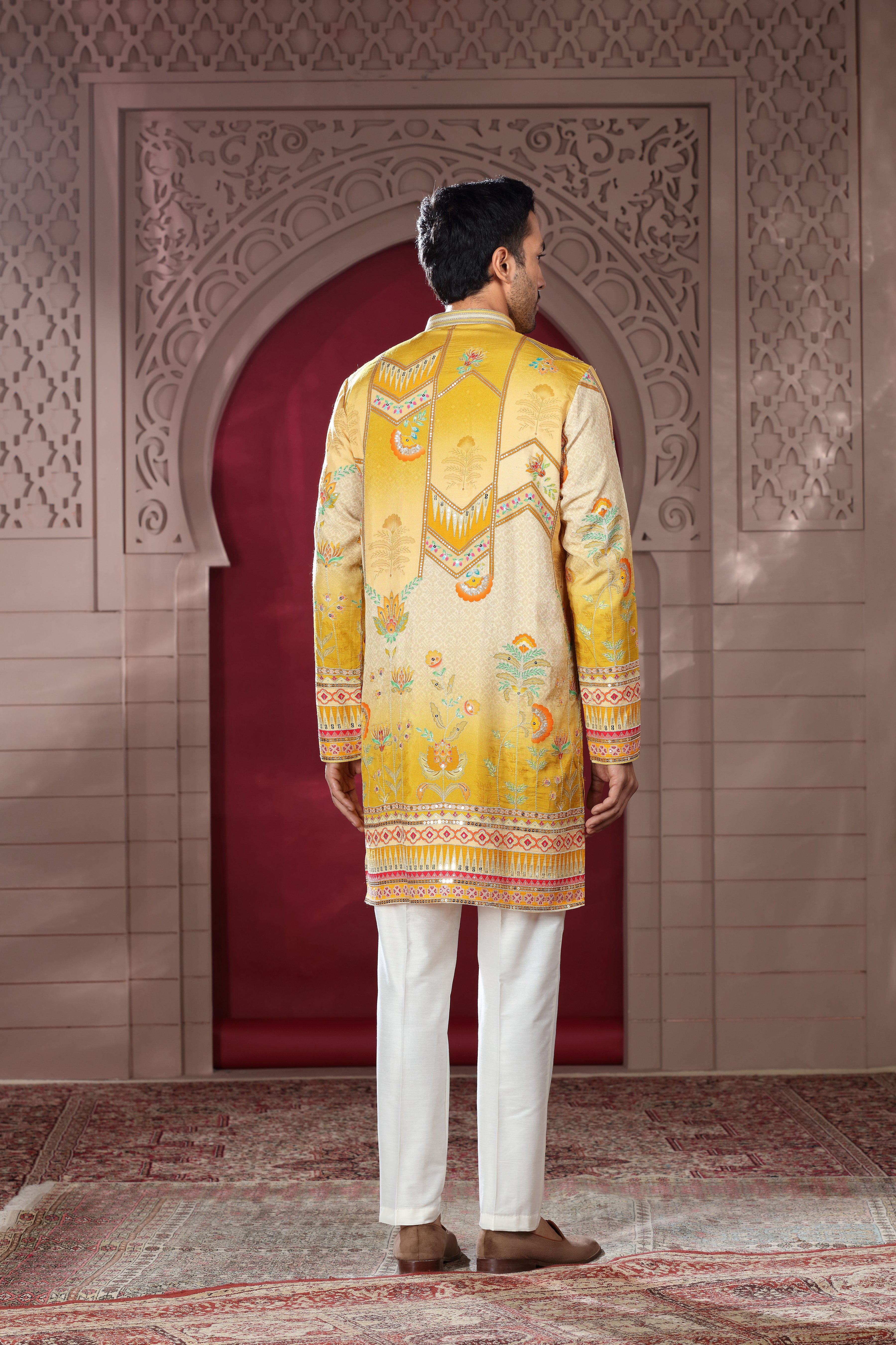 Mustard Yellow Silk Kurta with Aari Sequence Work