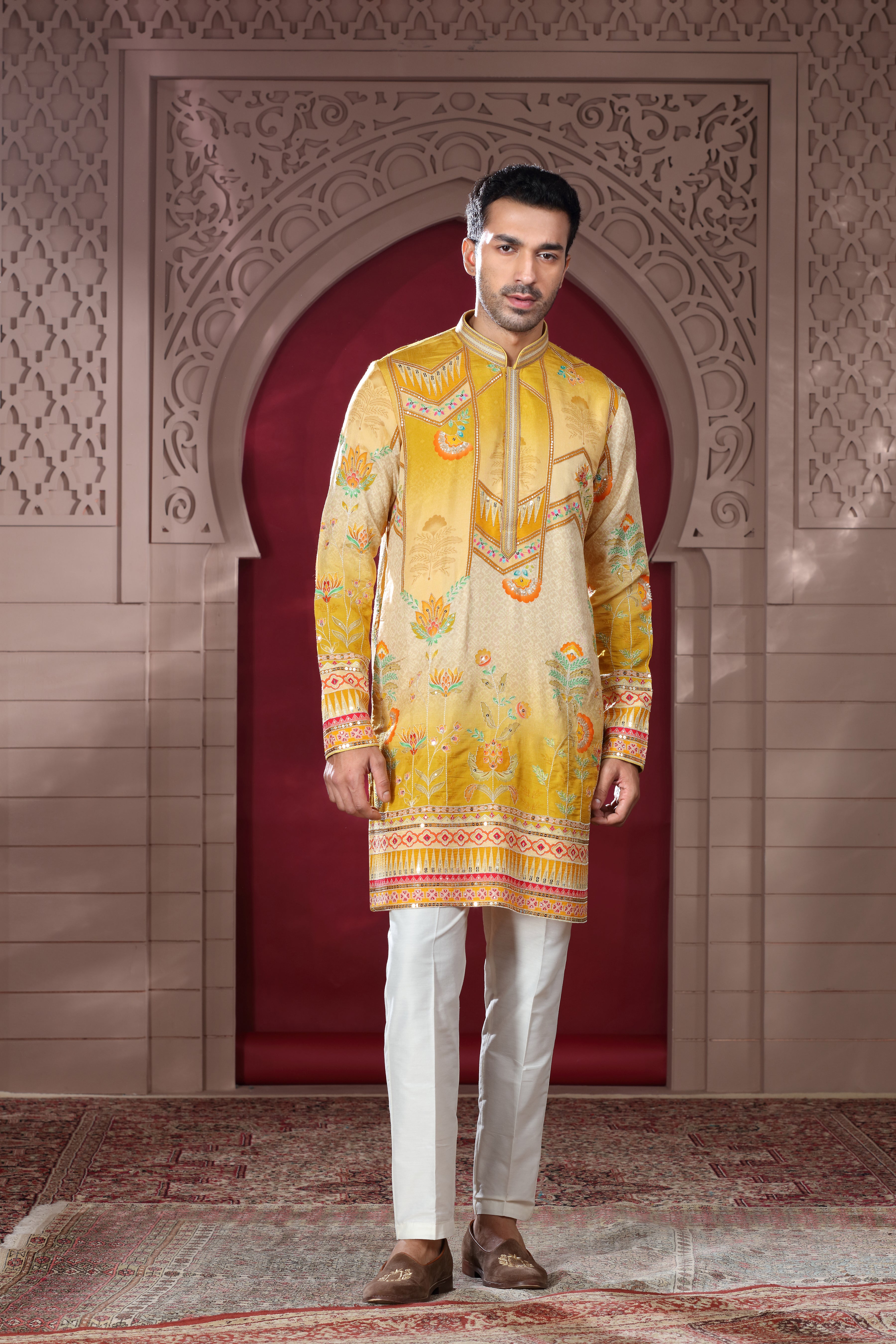 Mustard Yellow Silk Kurta with Aari Sequence Work