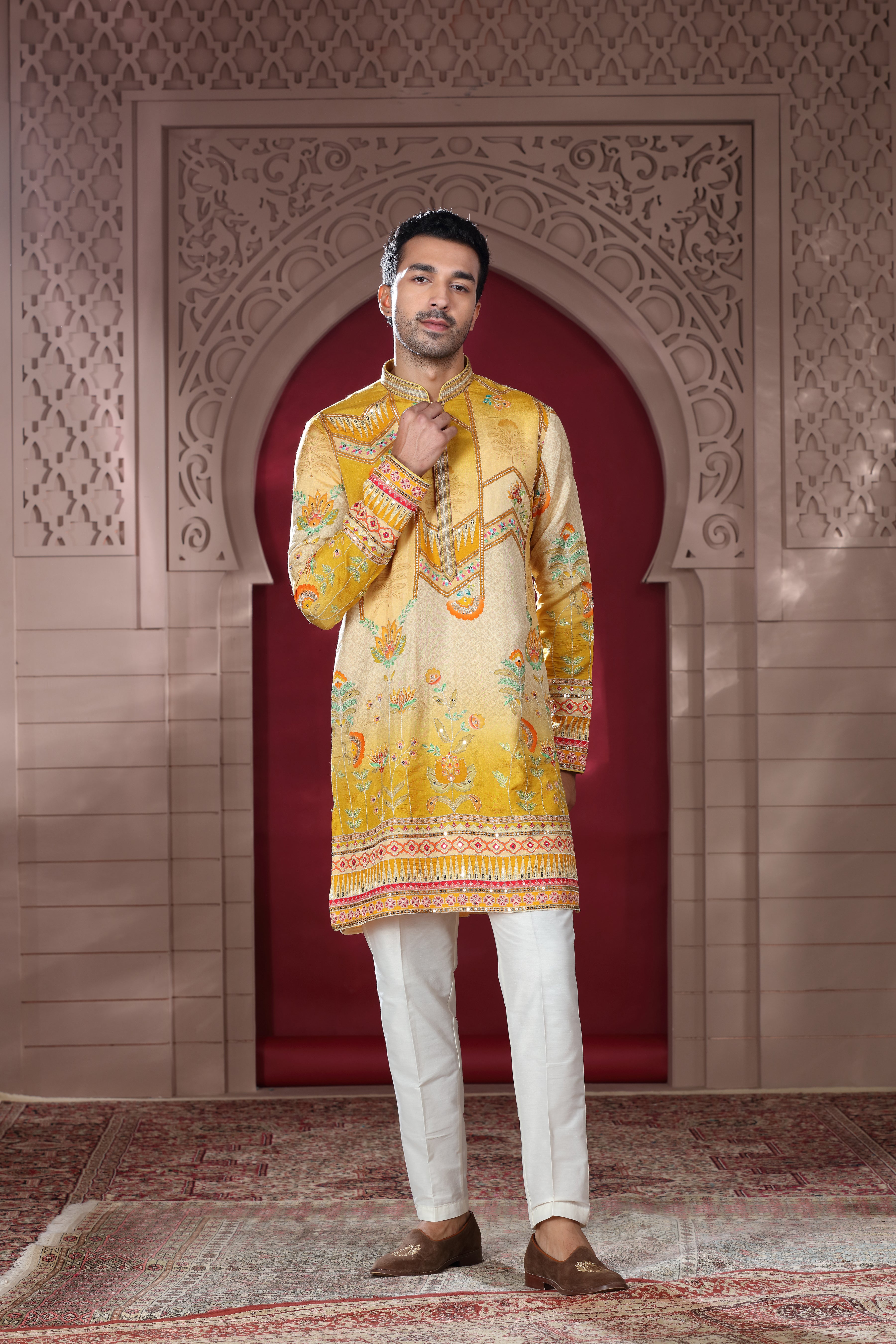 Mustard Yellow Silk Kurta with Aari Sequence Work