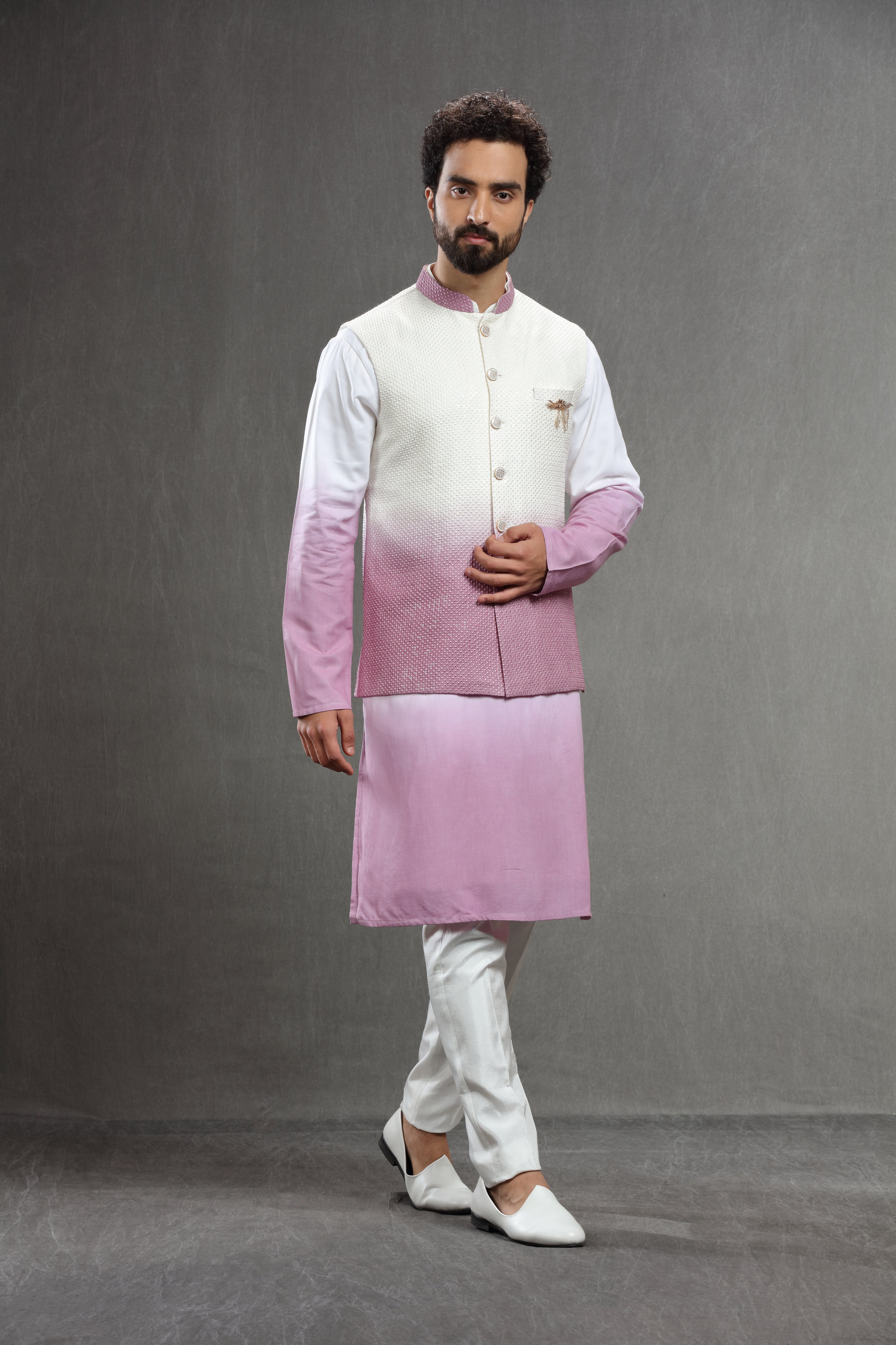 Ivory - pink ombre jacket set with sequins embroidery - Shreeman