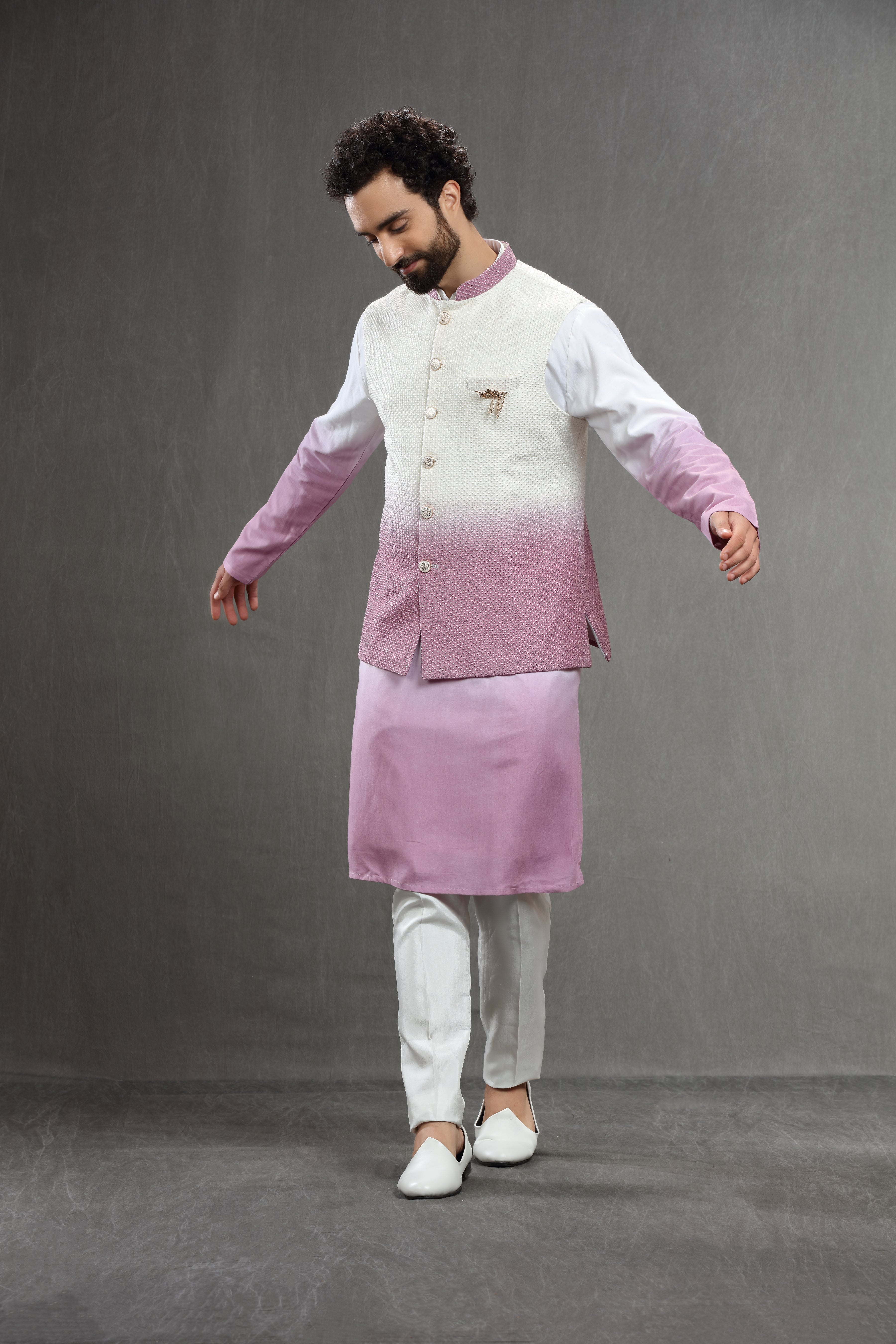 Ivory - pink ombre jacket set with sequins embroidery - Shreeman