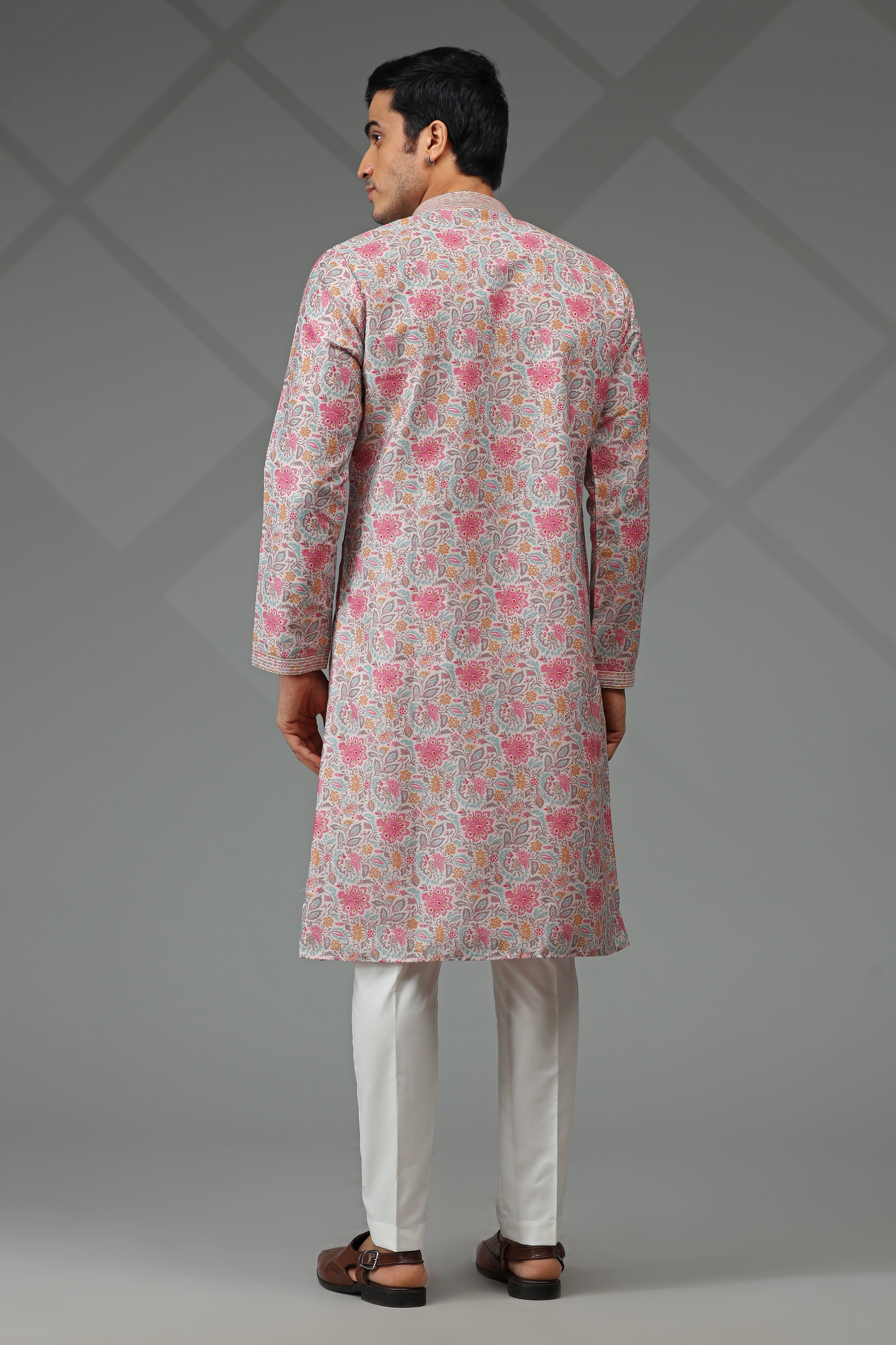 Ivory/Pink Kurta Set with Floral Print - Shreeman