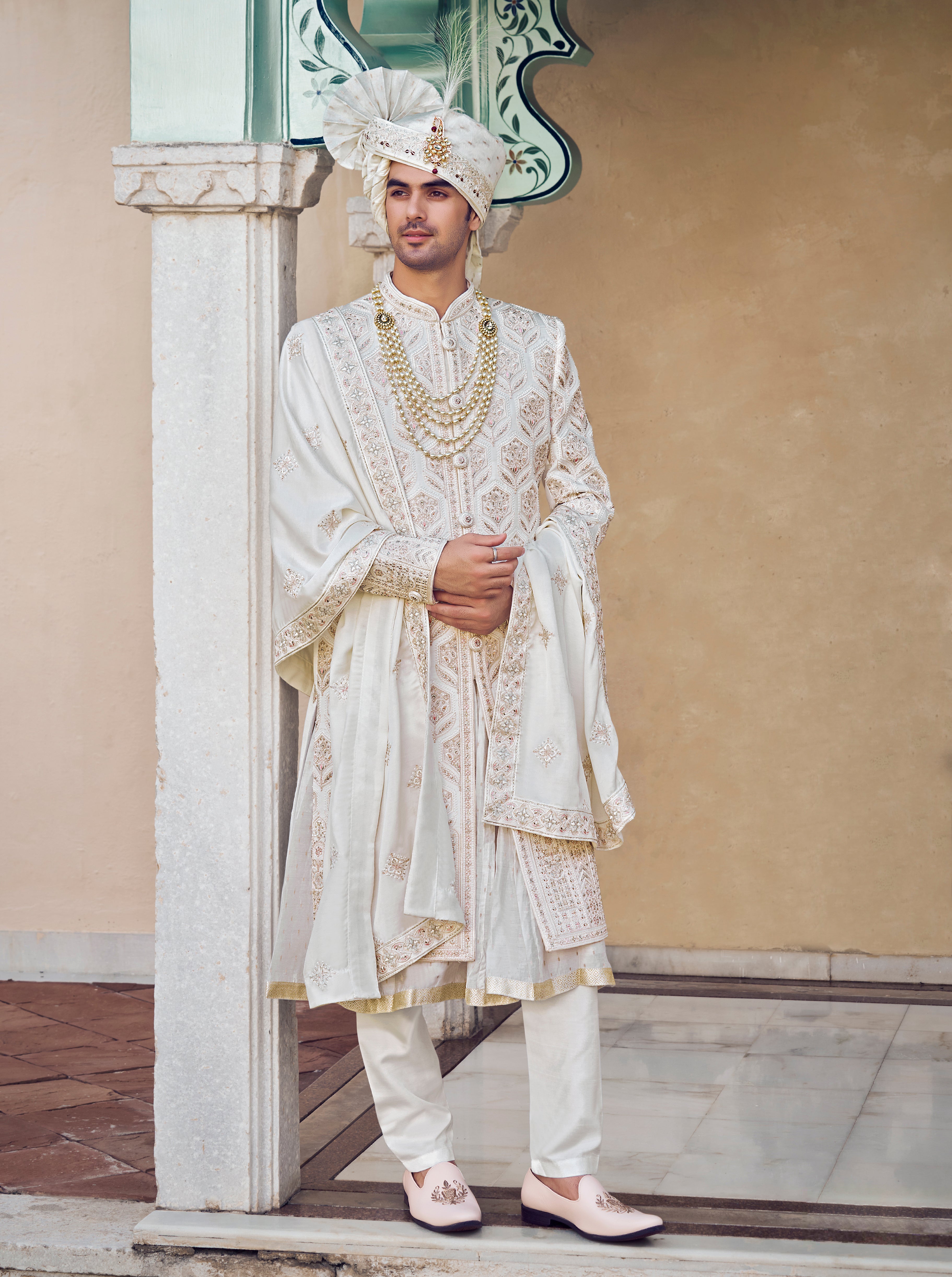 Off White Raw Silk Sherwani with Resham and Zardosi Work