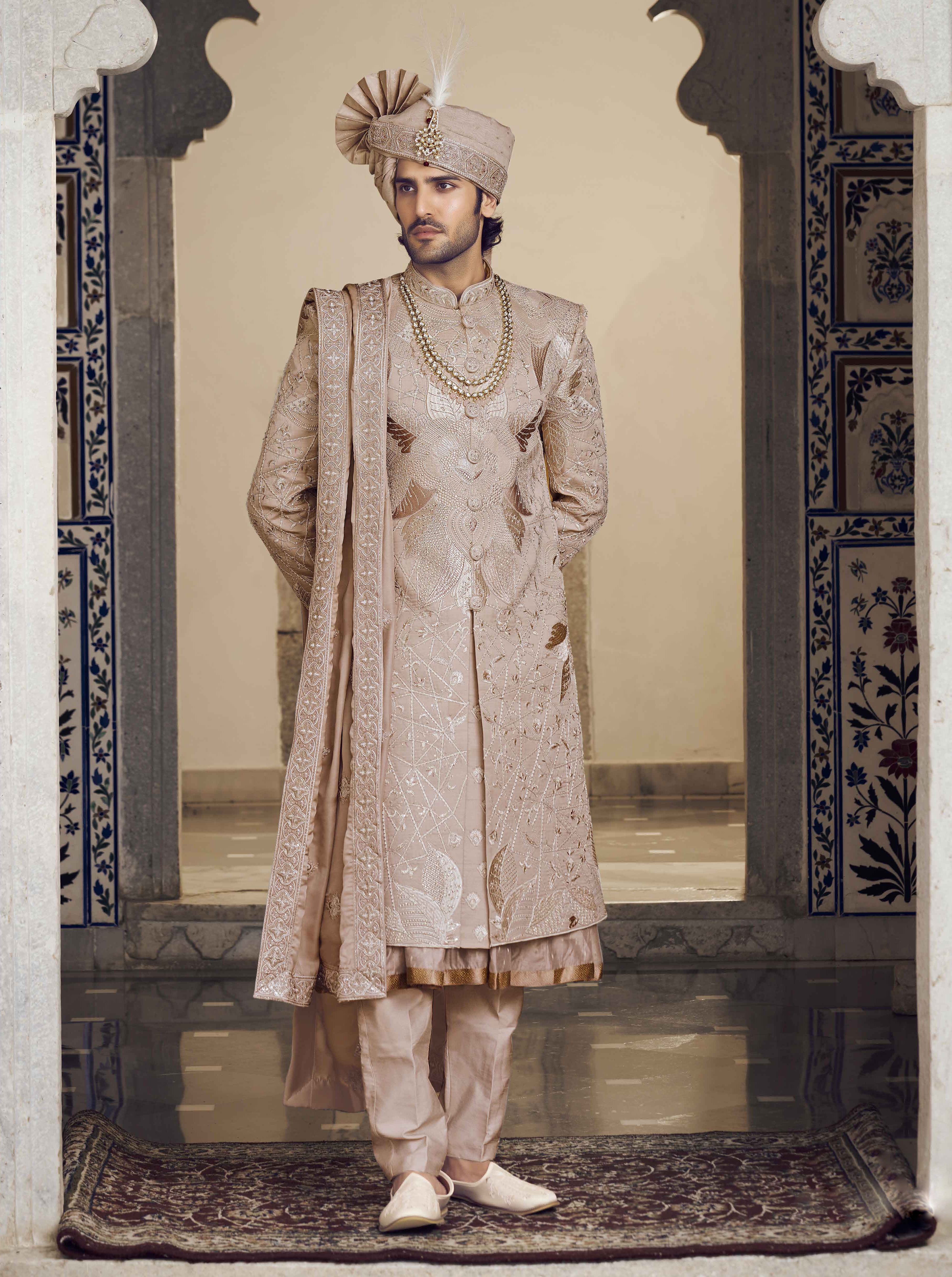 Light Gold Raw Silk Sherwani with Self Thread Work