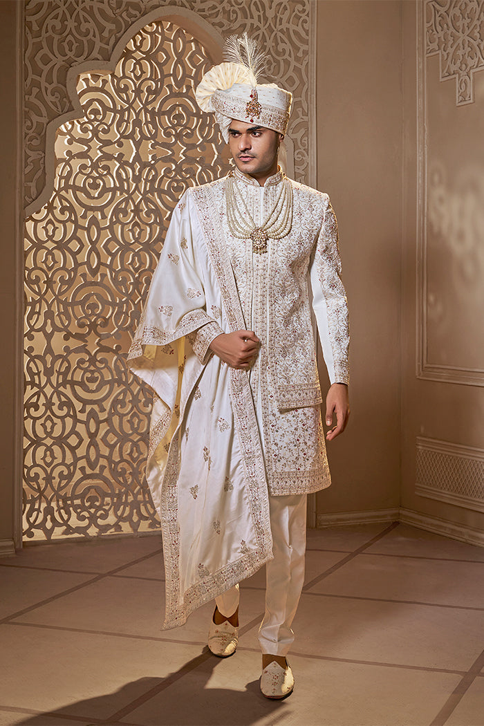 Double Layered Sherwani With Floral Motifs