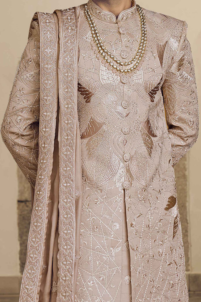 Light Gold Raw Silk Sherwani with Self Thread Work