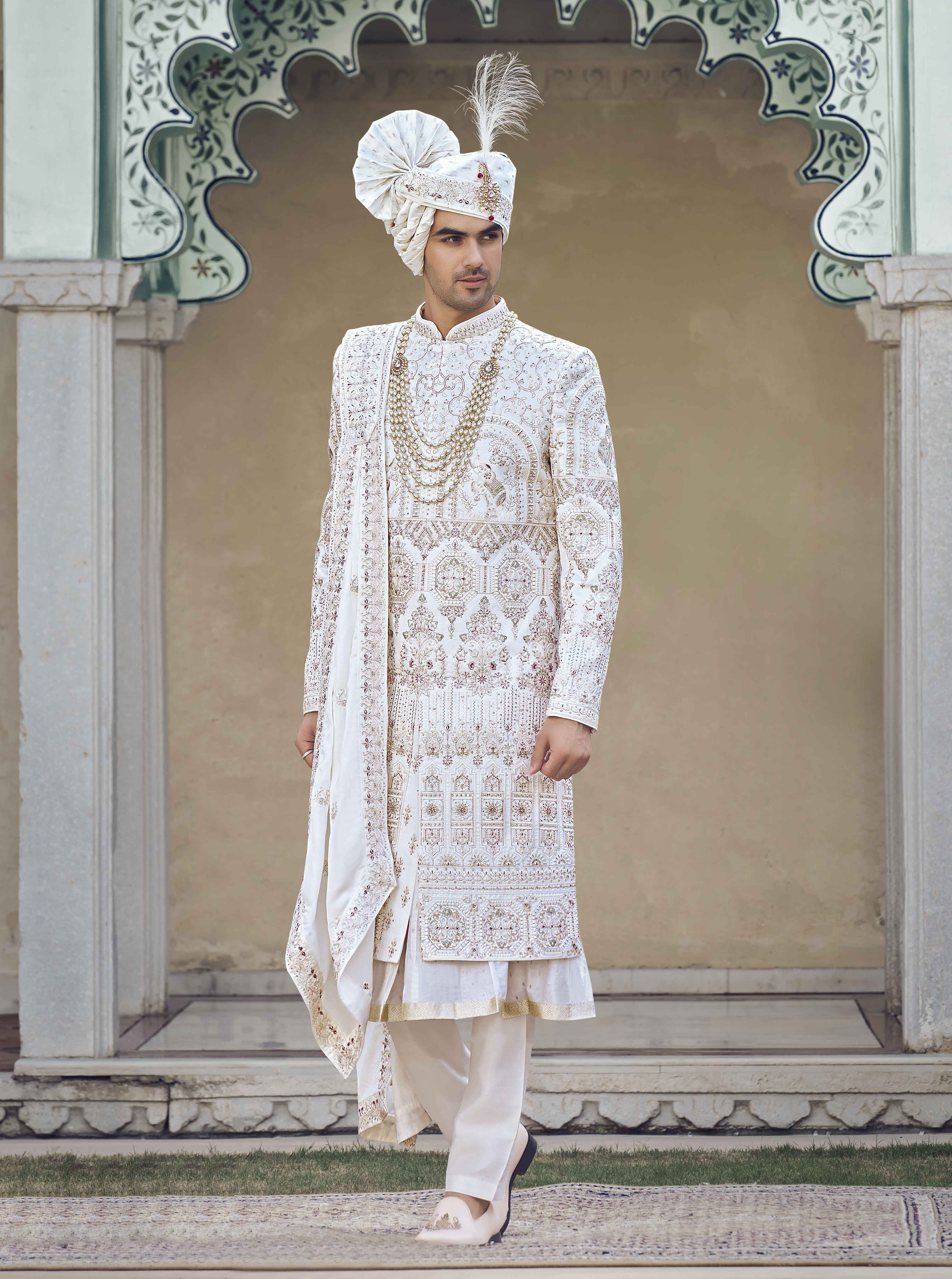 Ivory Raw Silk Sherwani with Thread and Sequence Work