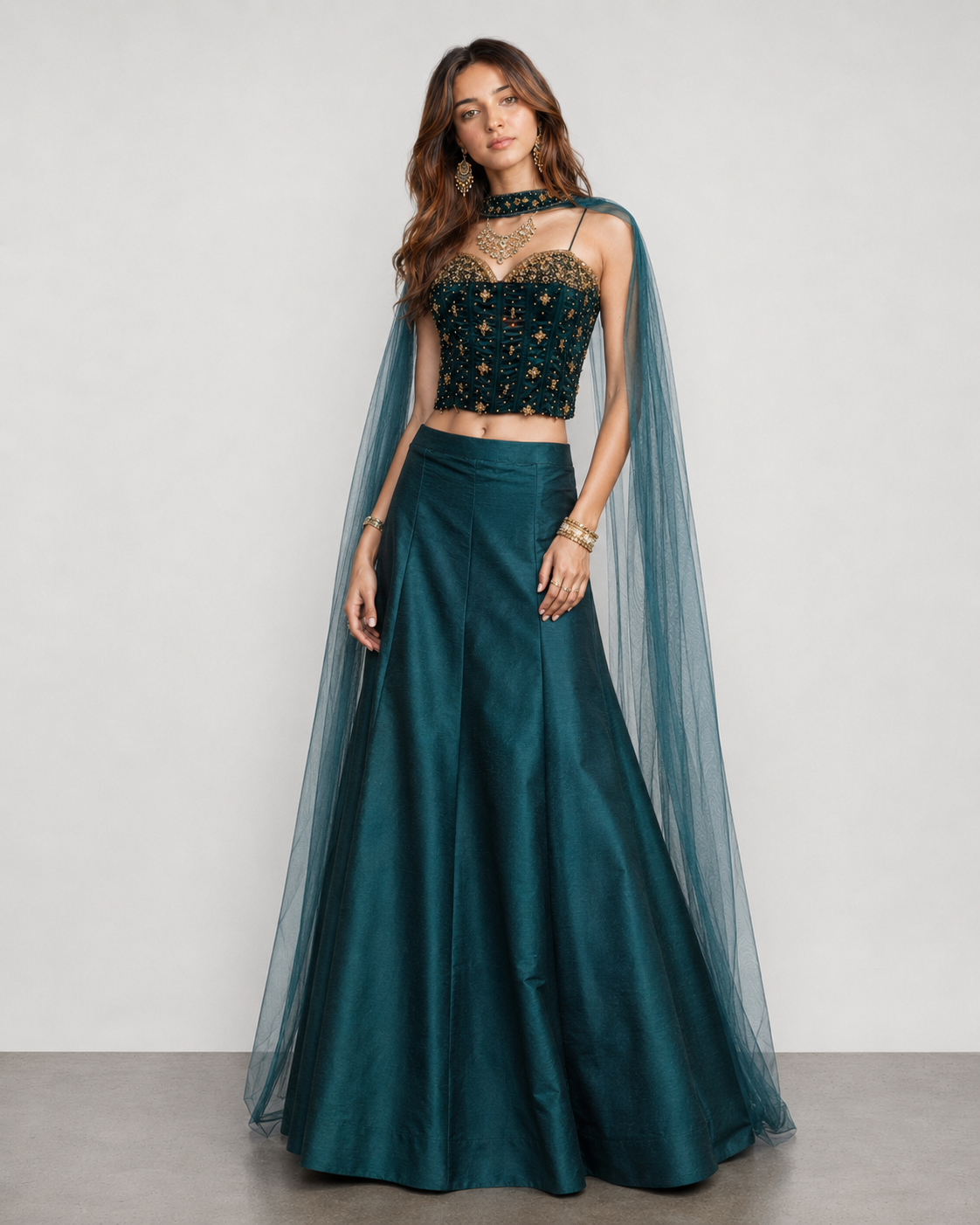 Green Raw Silk Choli with Golden Diamond and Stone Work