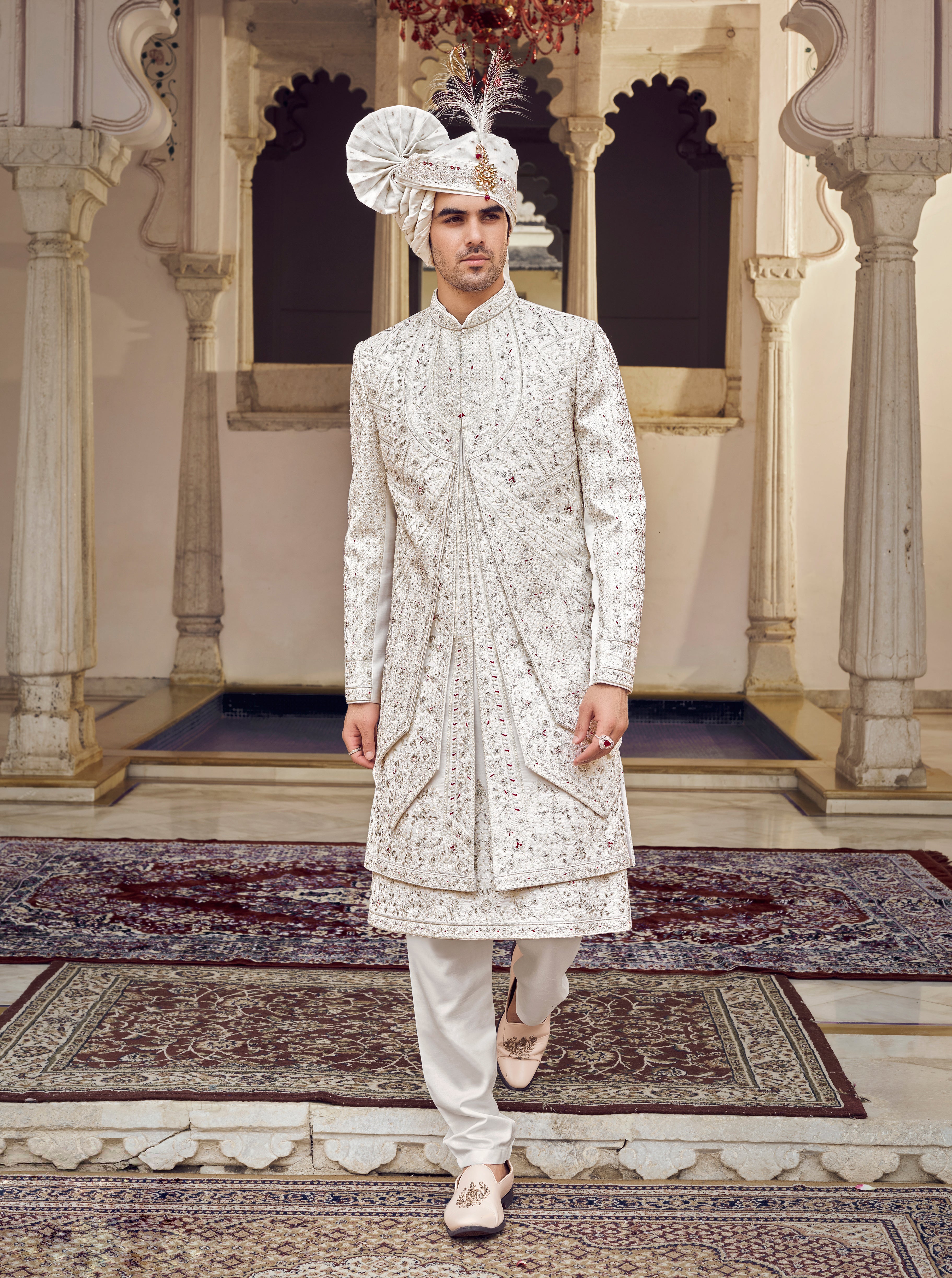 Ivory Raw Silk Sherwani with Thread Work & Sequence