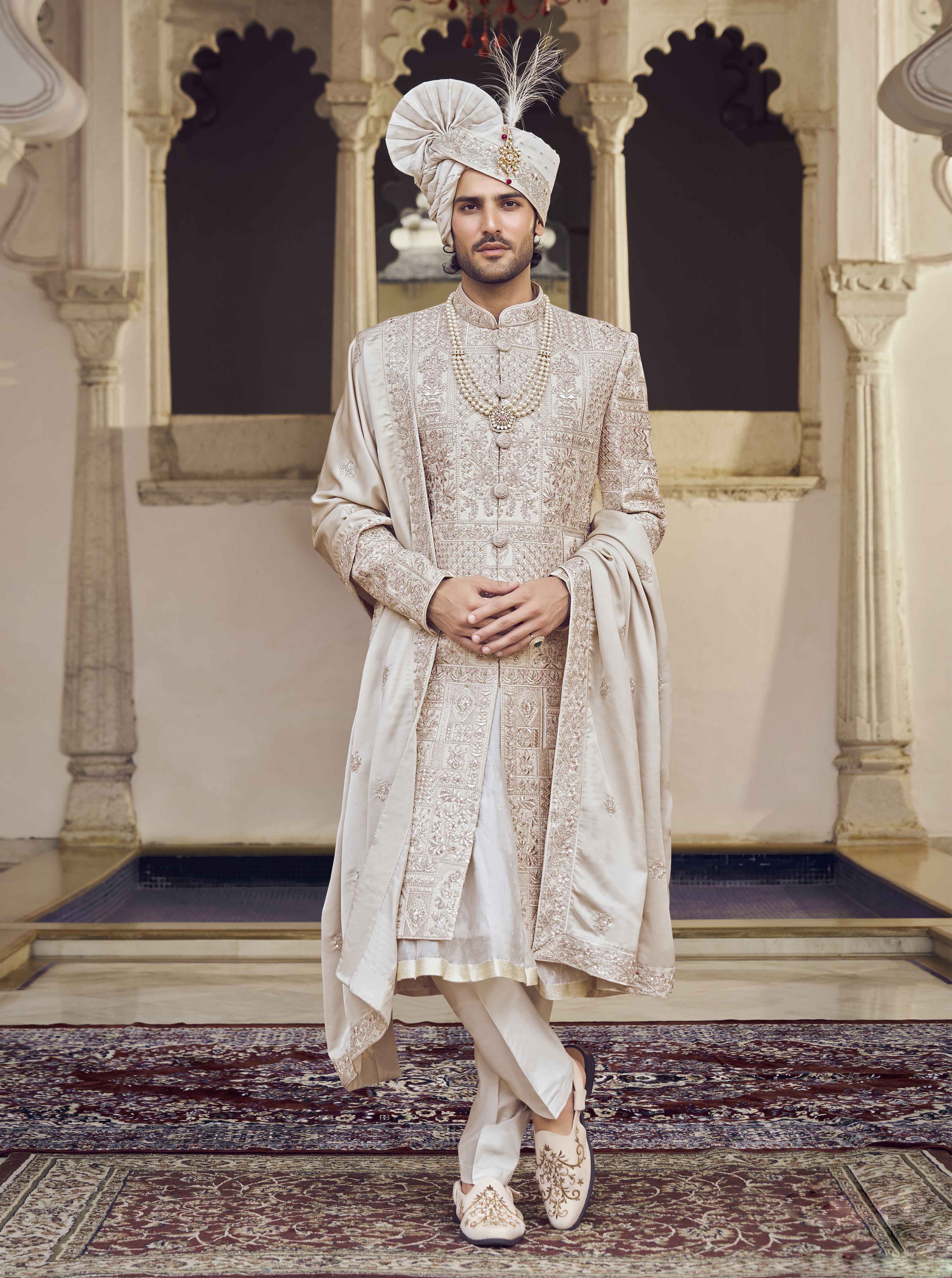 Ivory Raw Silk Sherwani with Resham, Aari & Zardosi Work