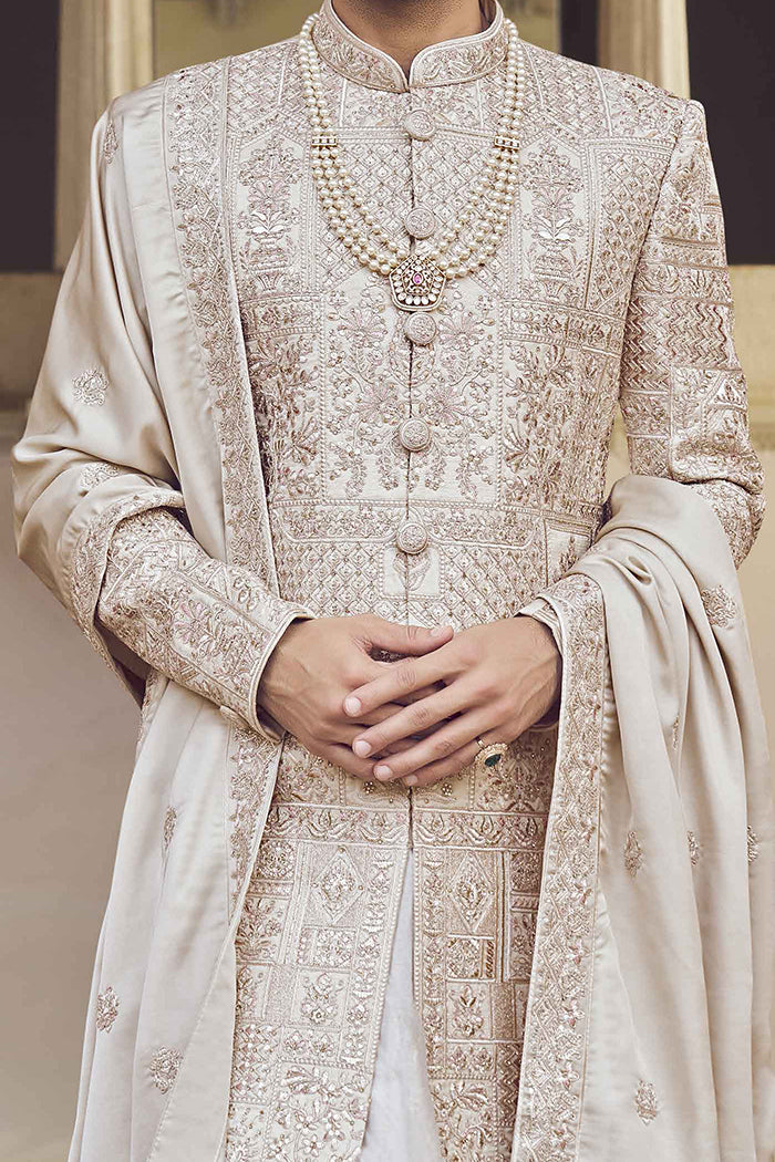 Ivory Raw Silk Sherwani with Resham, Aari & Zardosi Work