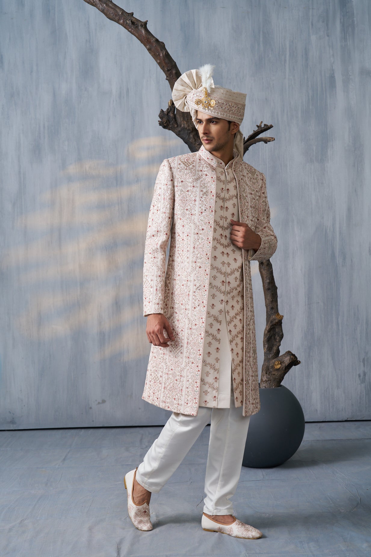 Cream Jacket Set With Motif Embroidery And Kasab Work - Shreeman