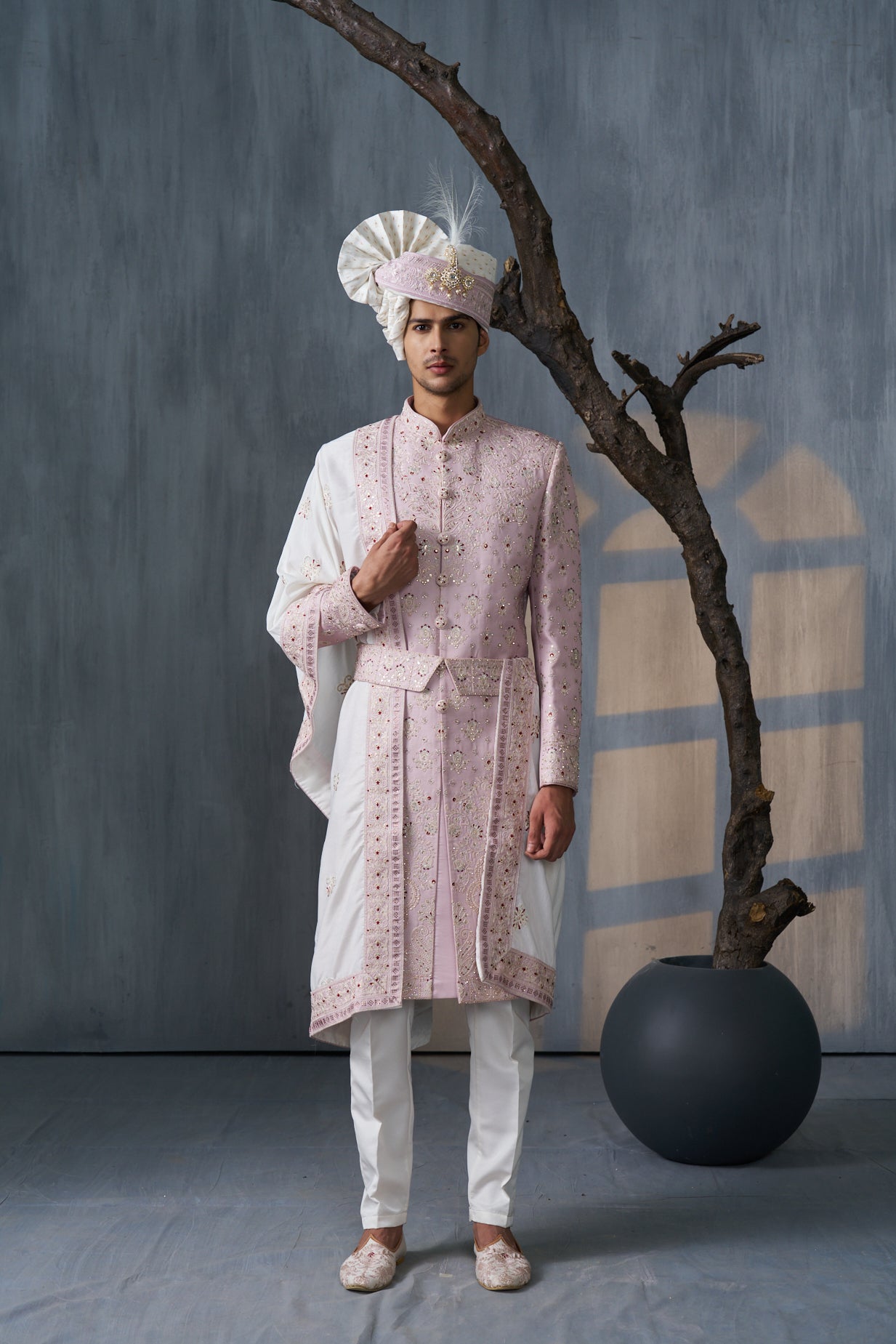 Powder Pink Sherwani With Floral Embroidery And Bead Work - Shreeman