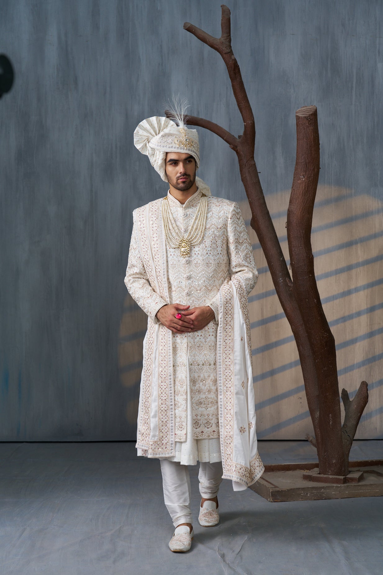 Ivory Sherwani Set With Floral Motifs And Mirror Work - Shreeman