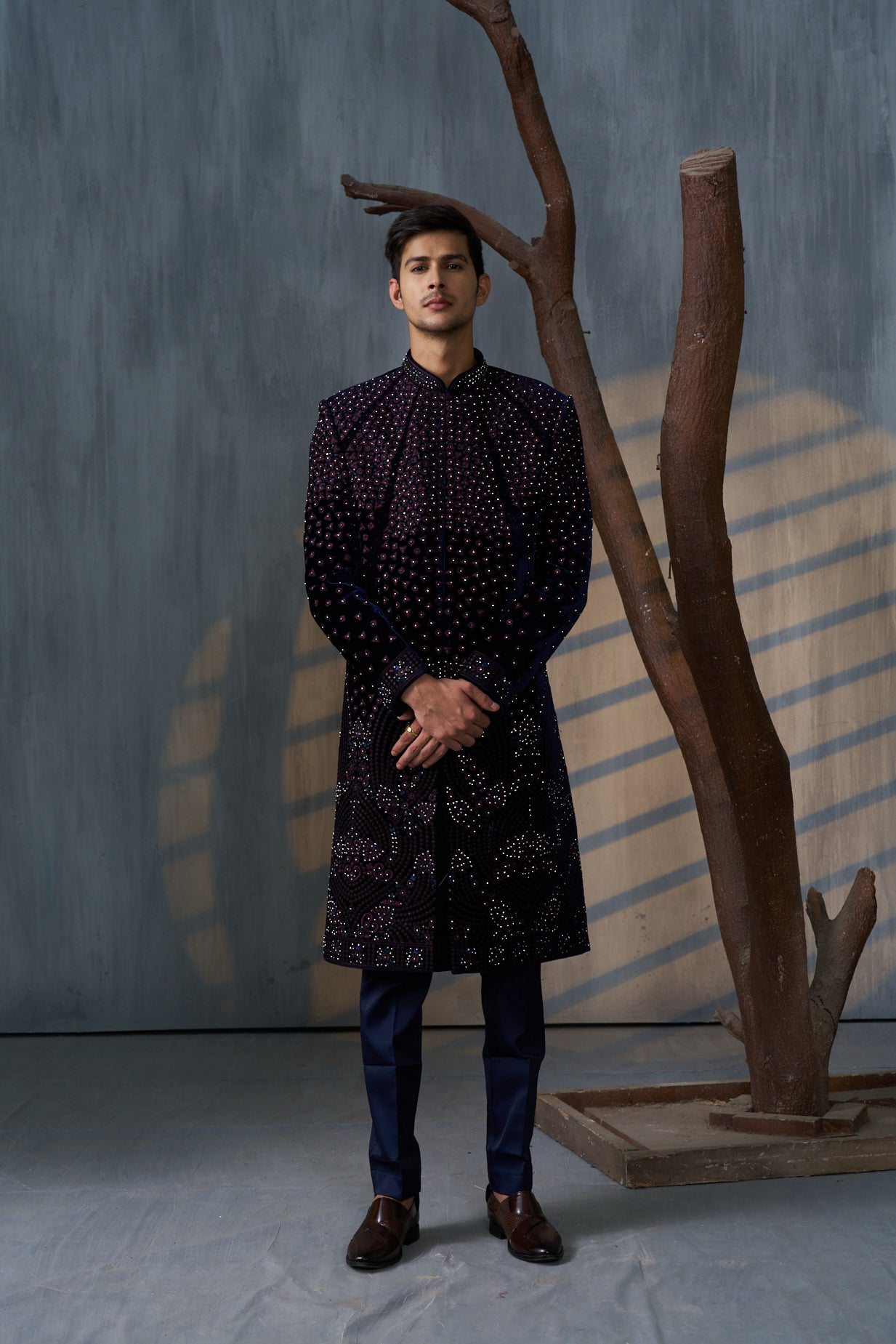 Benzer Navy Blue Jacquard Open Style Indowestern |ME-IW-047 – Benzerworld