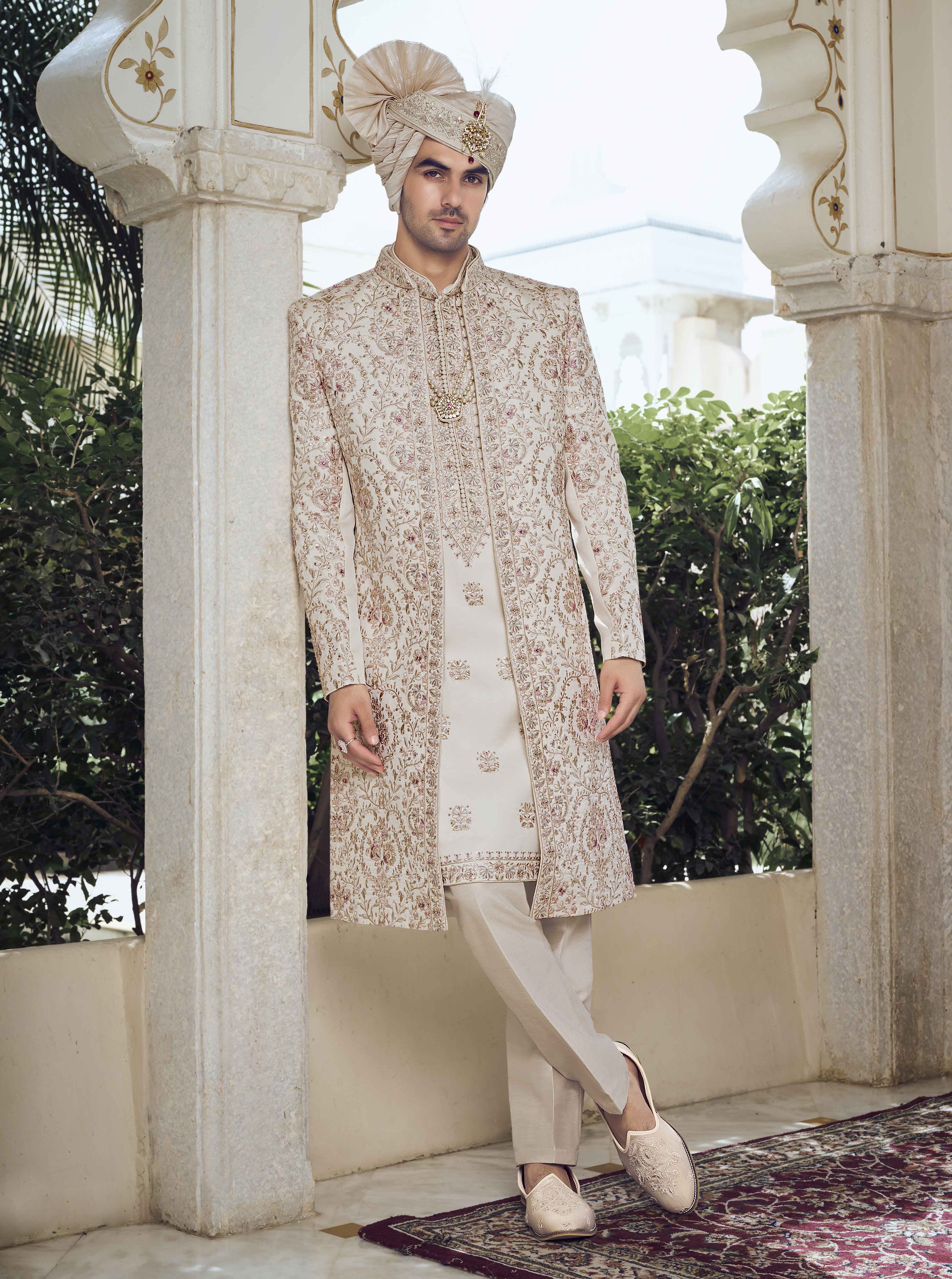 Off White Raw Silk Indo Western Sherwani with Thread Work