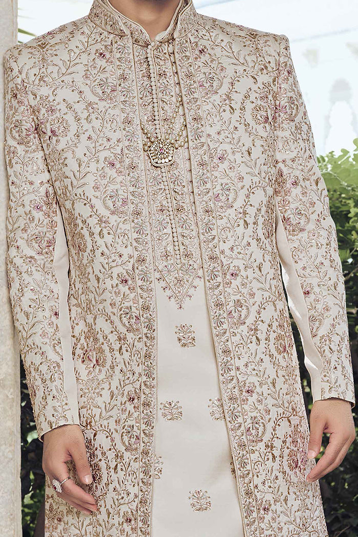 Off White Raw Silk Indo Western Sherwani with Thread Work