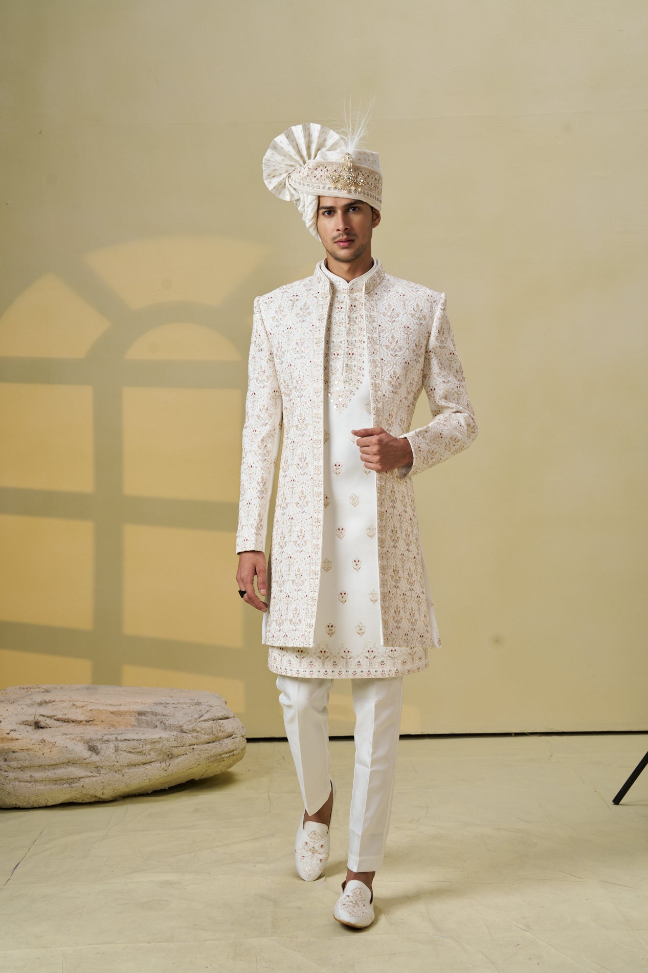 Ivory Jacket With Mughal Tesallation And Embroidery Work - Shreeman