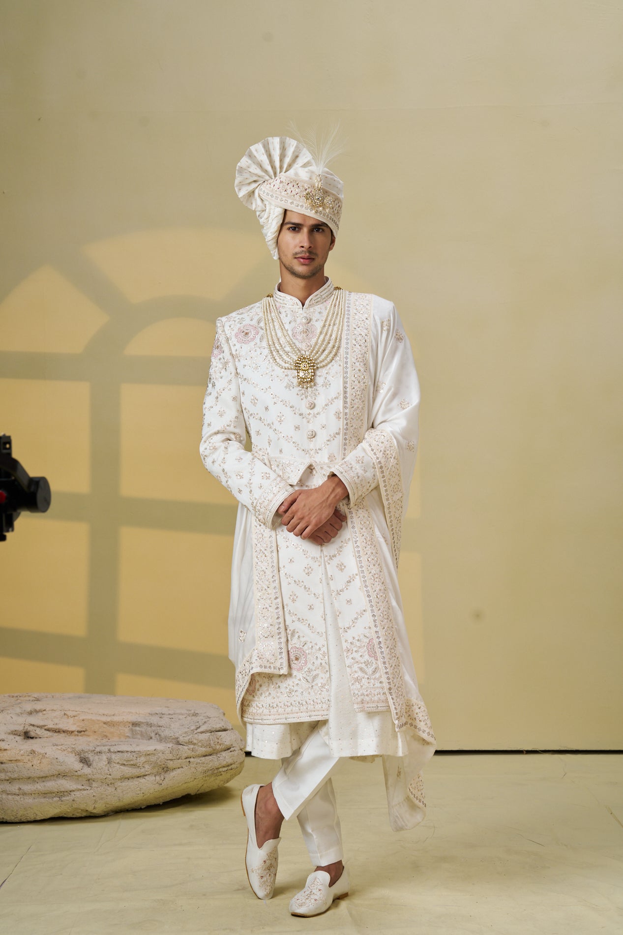 Ivory Sherwani Set With Floral Embroidery And Bead Work - Shreeman