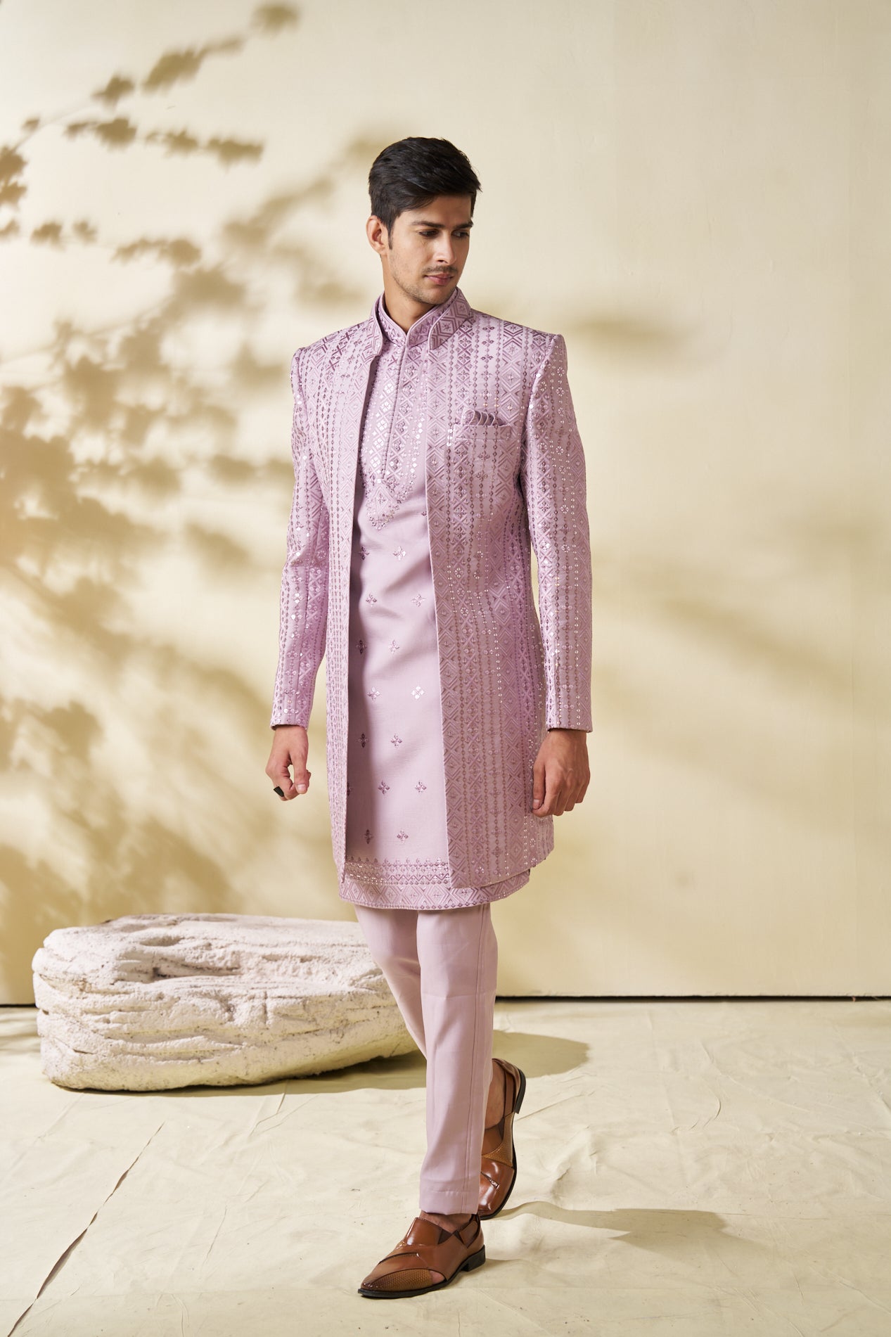 Lilac Jacket Set With Motif Embroidered And Sequins Work - Shreeman
