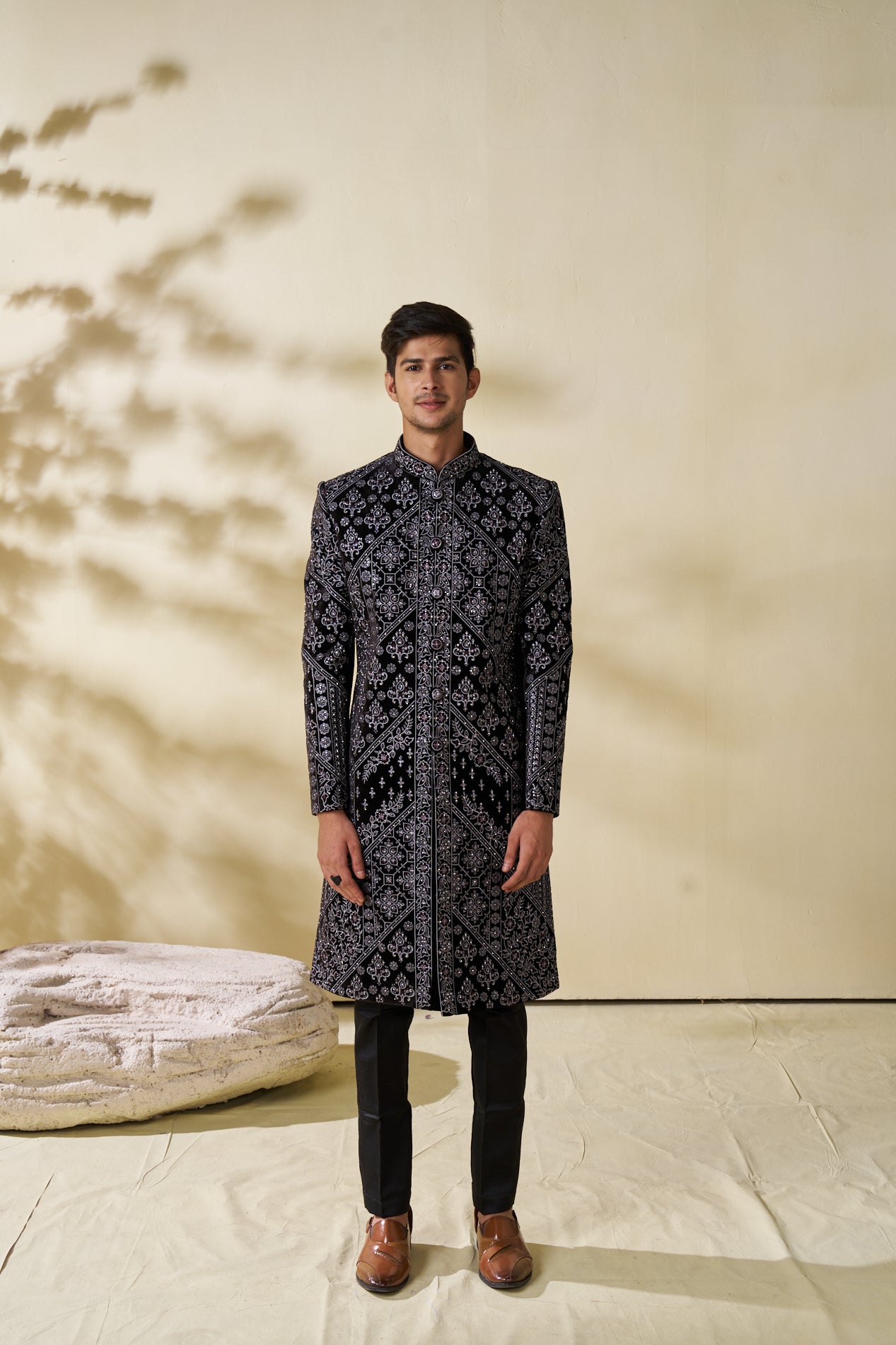 Black Indowestern Jacket Set with Floral Embroidery - Shreeman