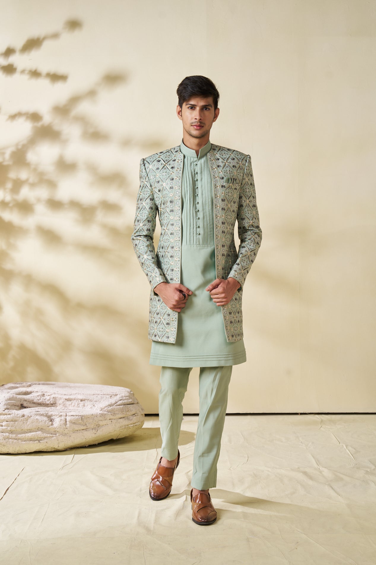 Sage Green Indowestern Jacket Set with Floral Motif - Shreeman