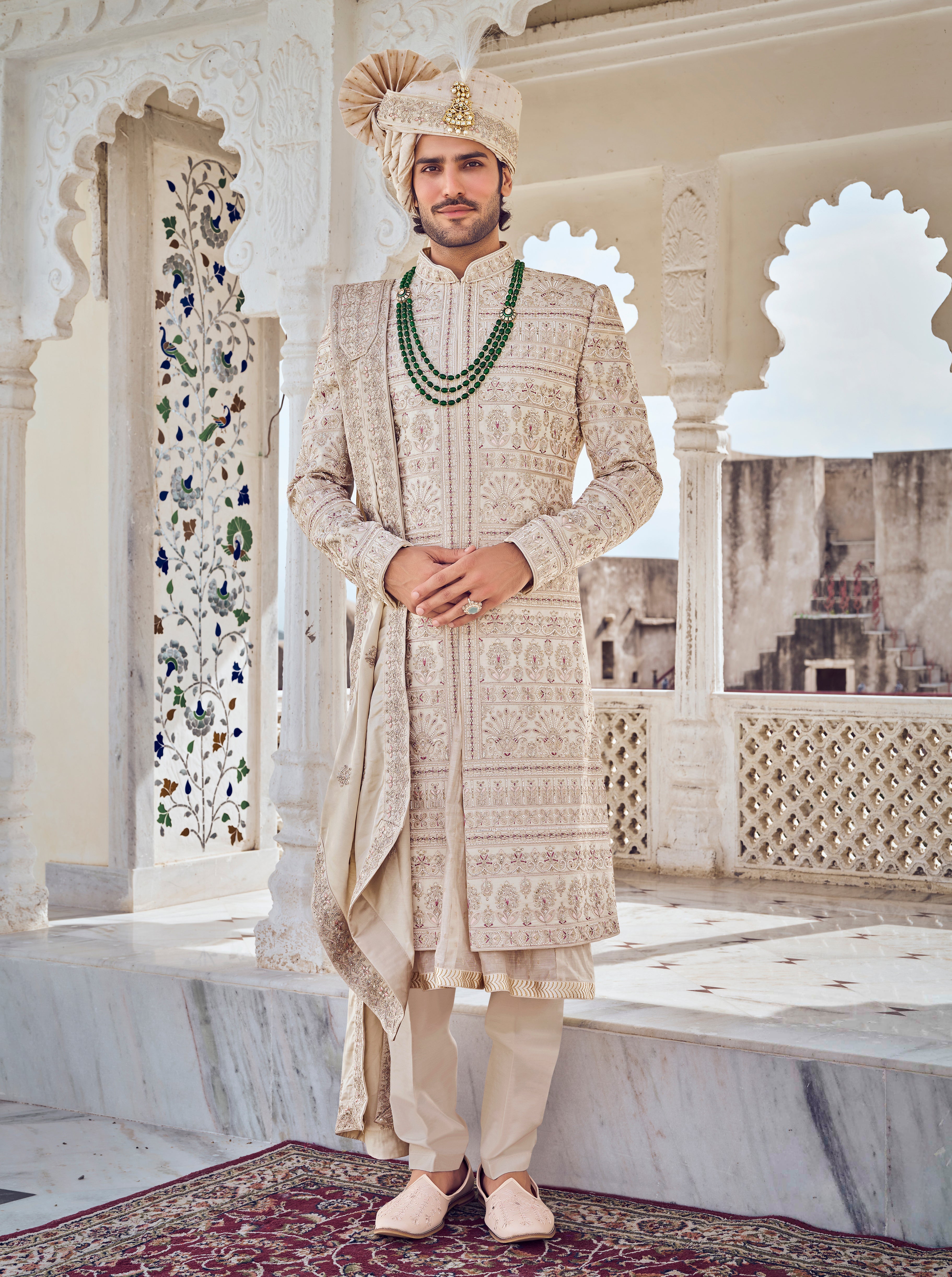 Beige Raw Silk Sherwani with Sequence & Pearl Work