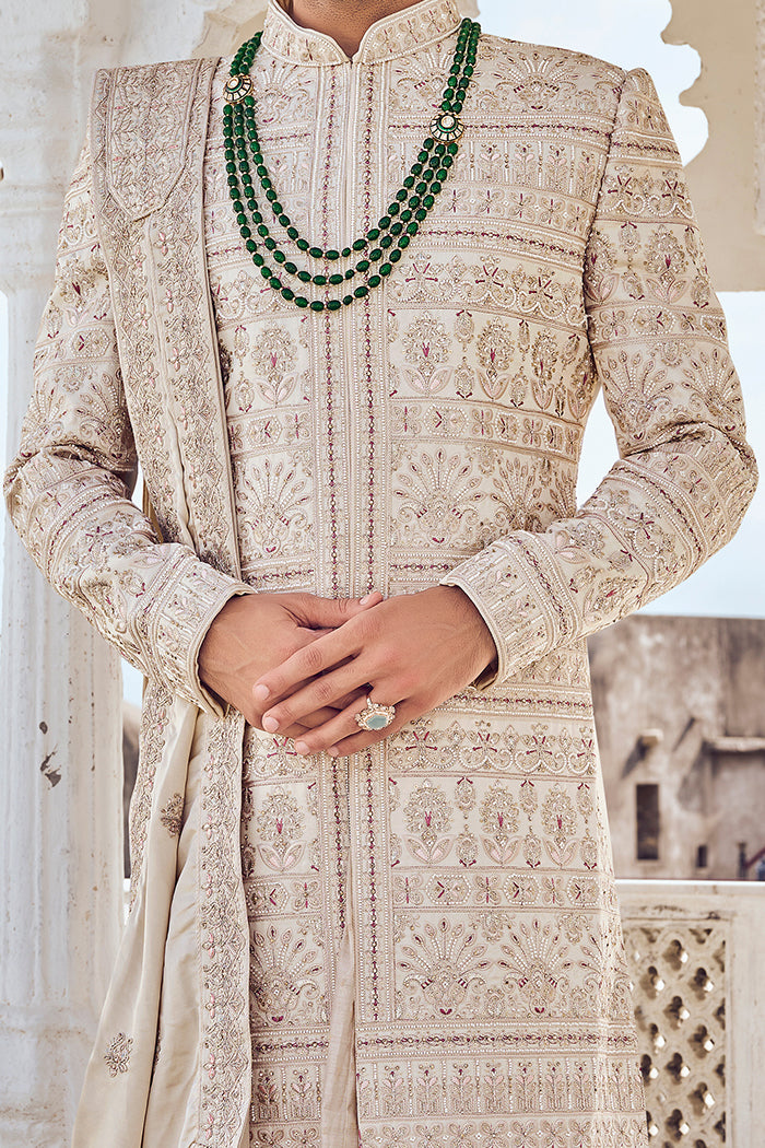 Beige Raw Silk Sherwani with Sequence & Pearl Work