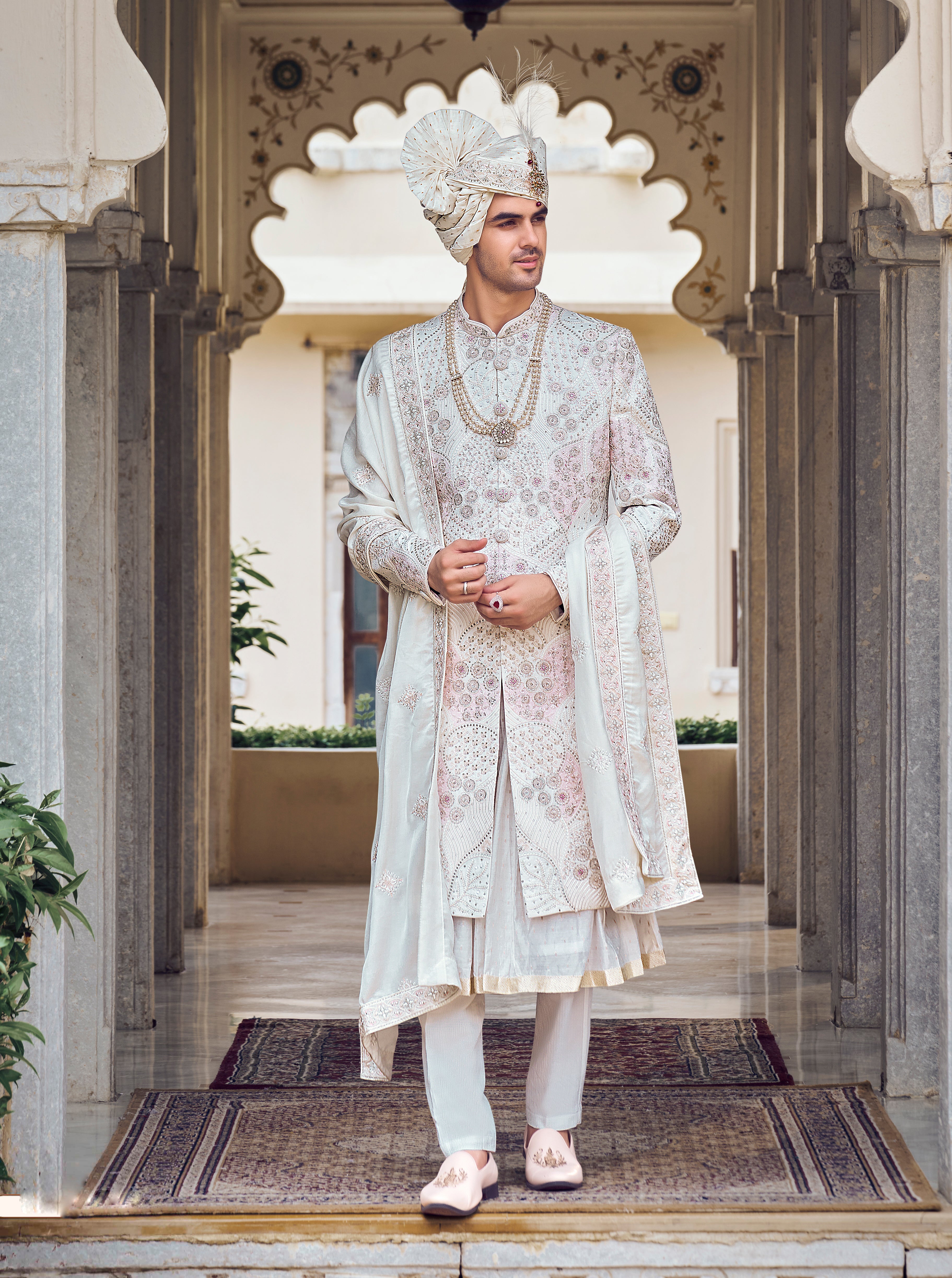 Off White Raw Silk Sherwani with Resham & Zardosi Work