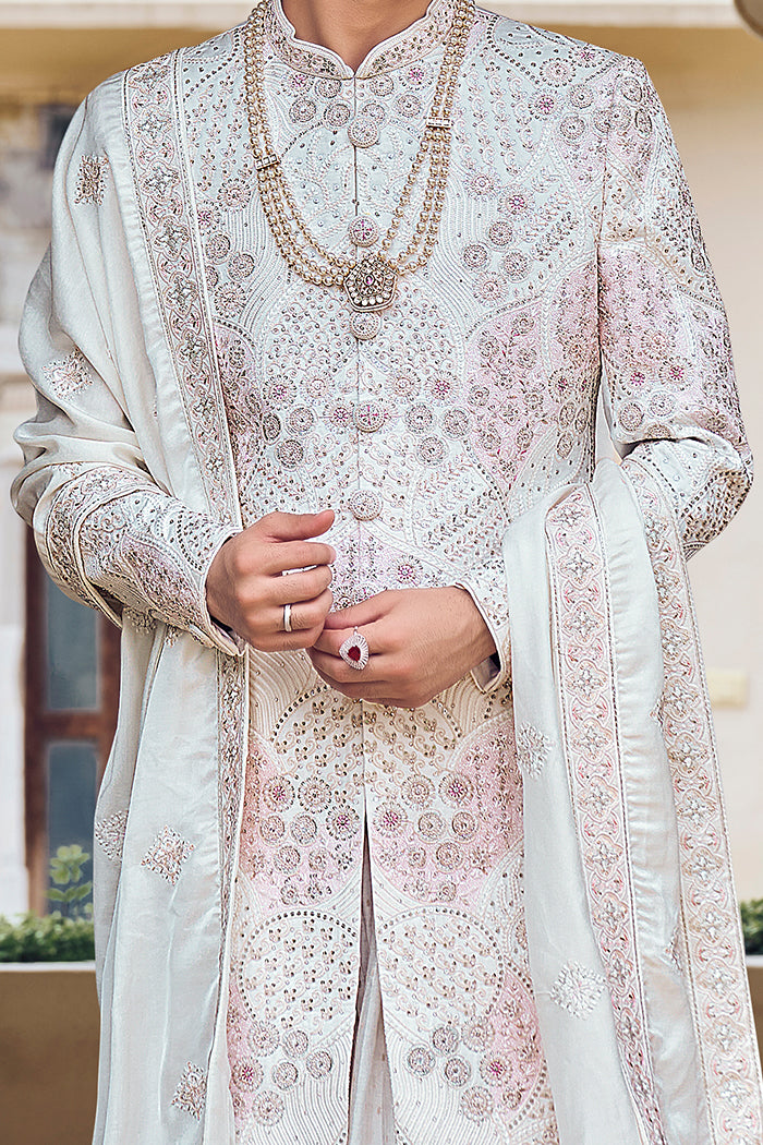 Off White Raw Silk Sherwani with Resham & Zardosi Work