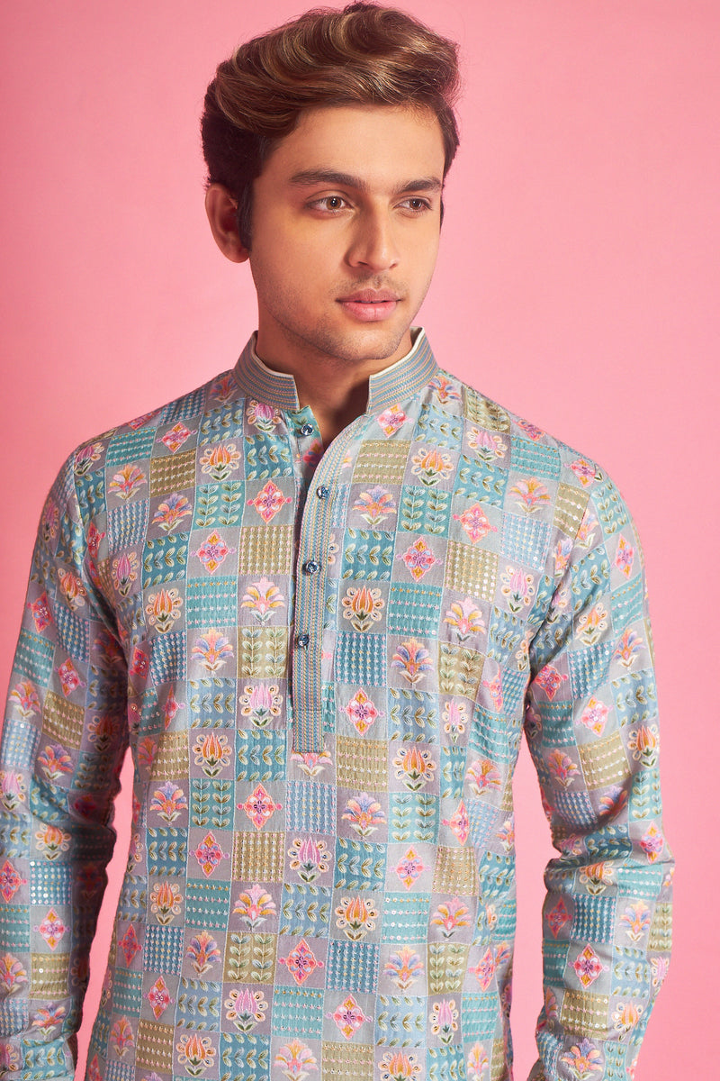 Blue With Multi-Color Motif Kurta Set For Men