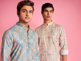 Blue With Multi-Color Motif Kurta Set For Men