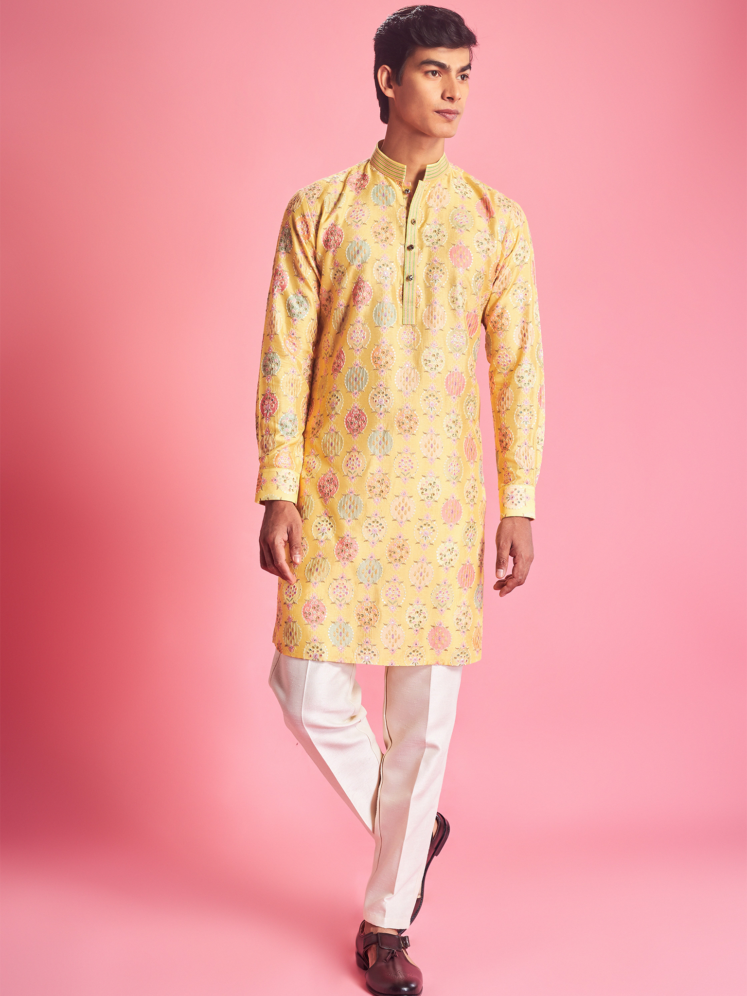 Yellow With Multi-Colour Kurta Set For Men - Shreeman
