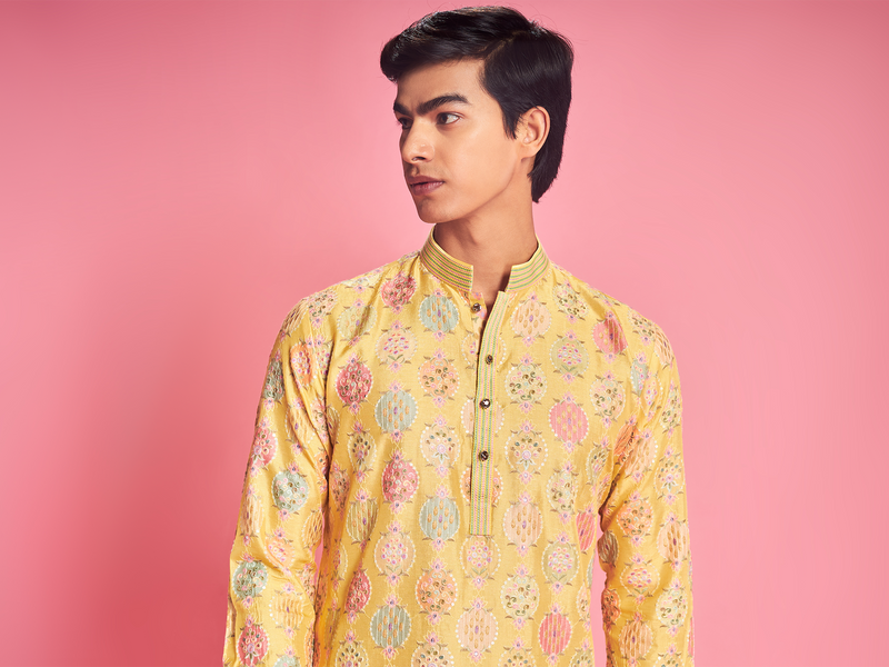 Yellow With Multi-Colour Kurta Set For Men