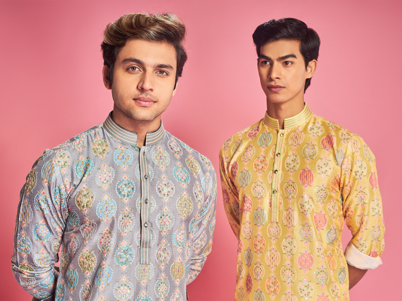 Yellow With Multi-Colour Kurta Set For Men