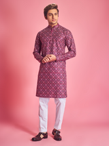 Wine Kurta Set With Floral Print For Men