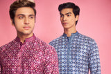 Wine Kurta Set With Floral Print For Men