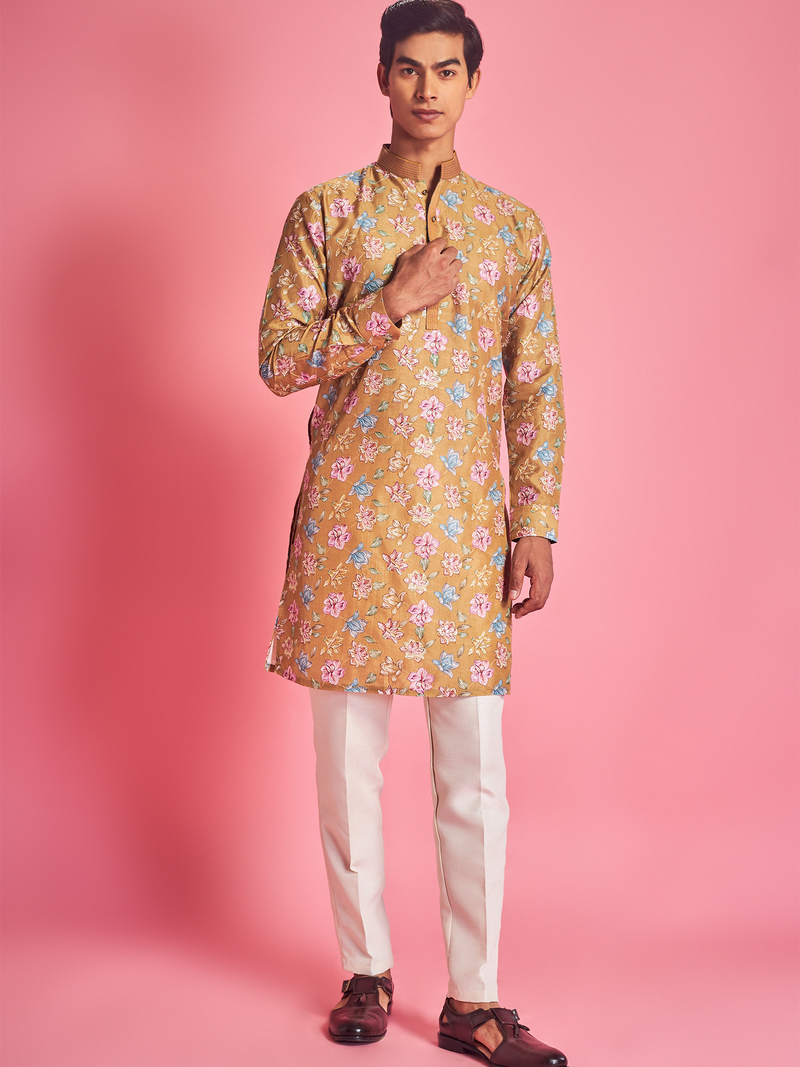 Mustard Silk Kurta With Floral Motifs For Men