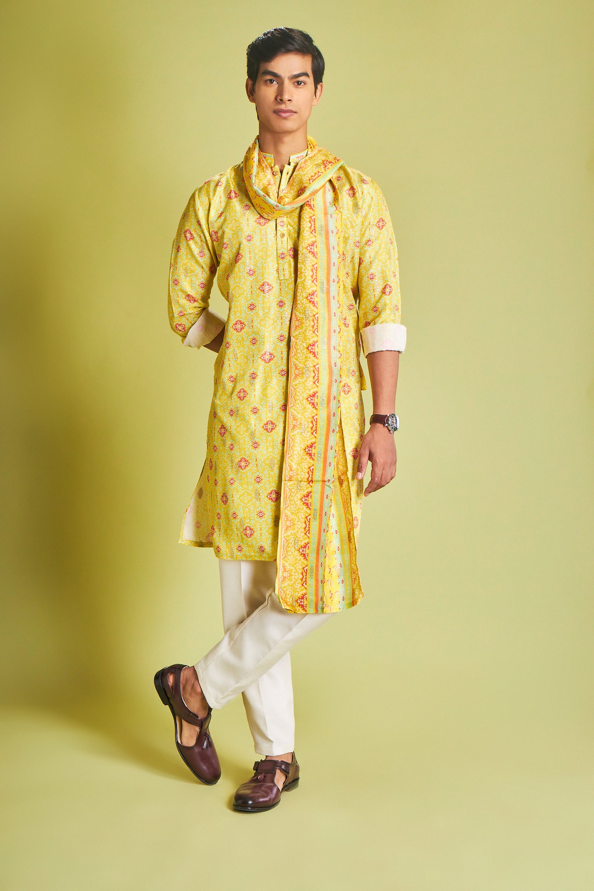 Yellow Silk Kurta Set With Traditional Motifs - Shreeman