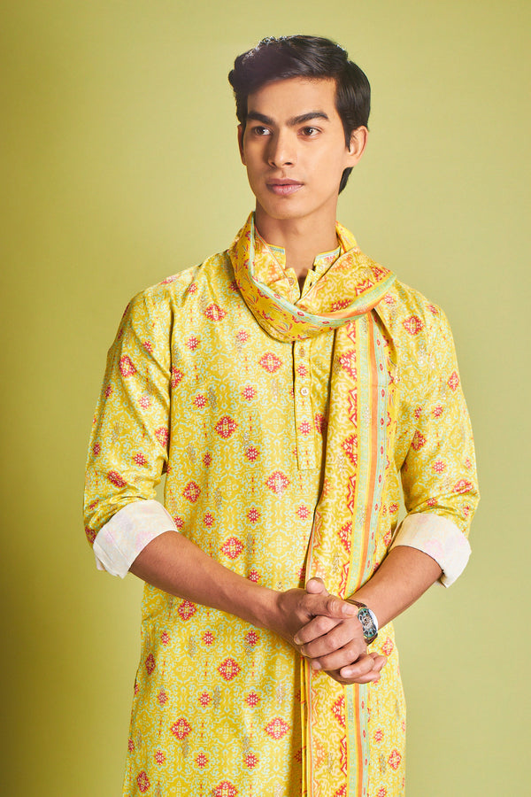 Yellow Silk Kurta Set With Traditional Motifs