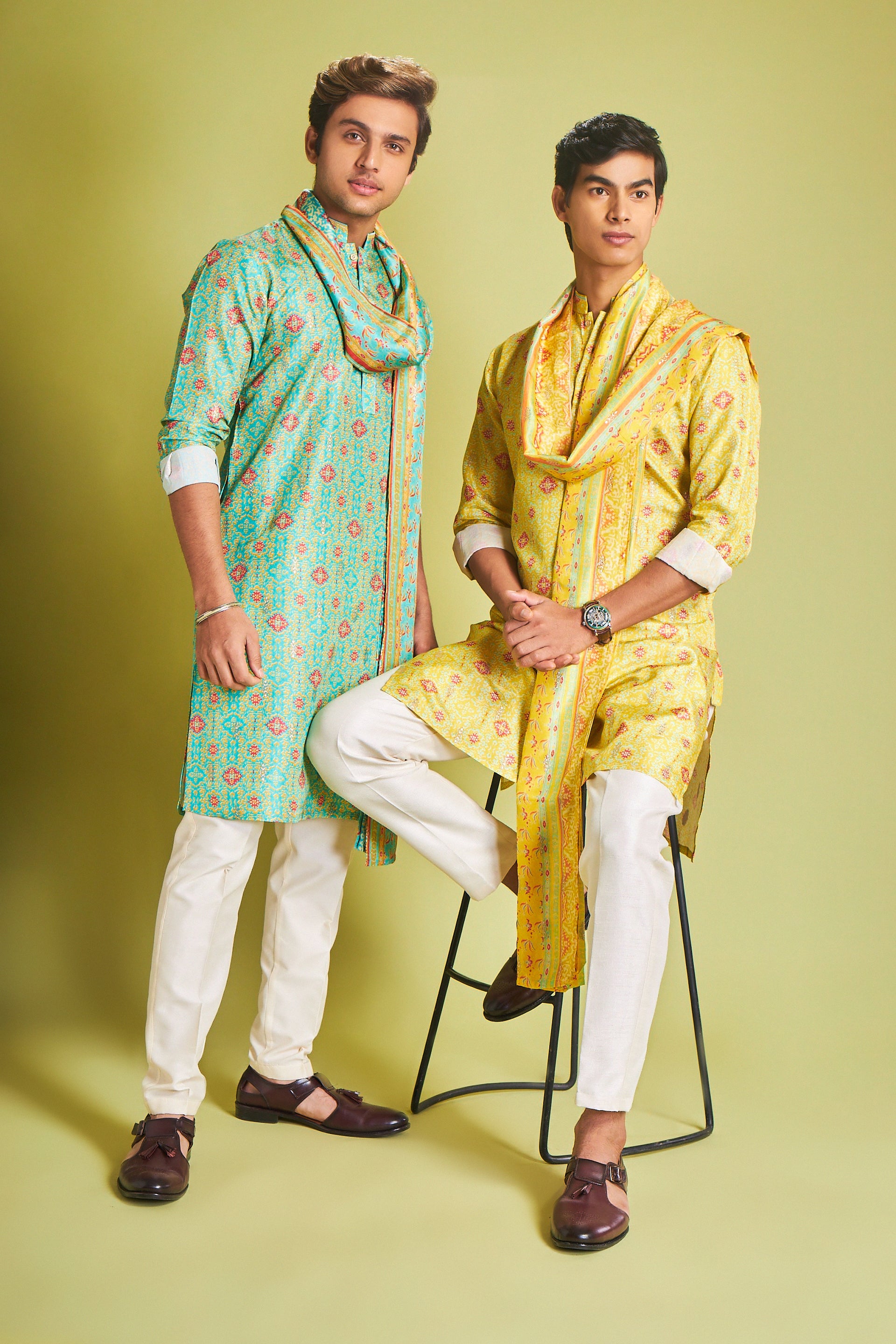 Yellow Silk Kurta Set With Traditional Motifs - Shreeman