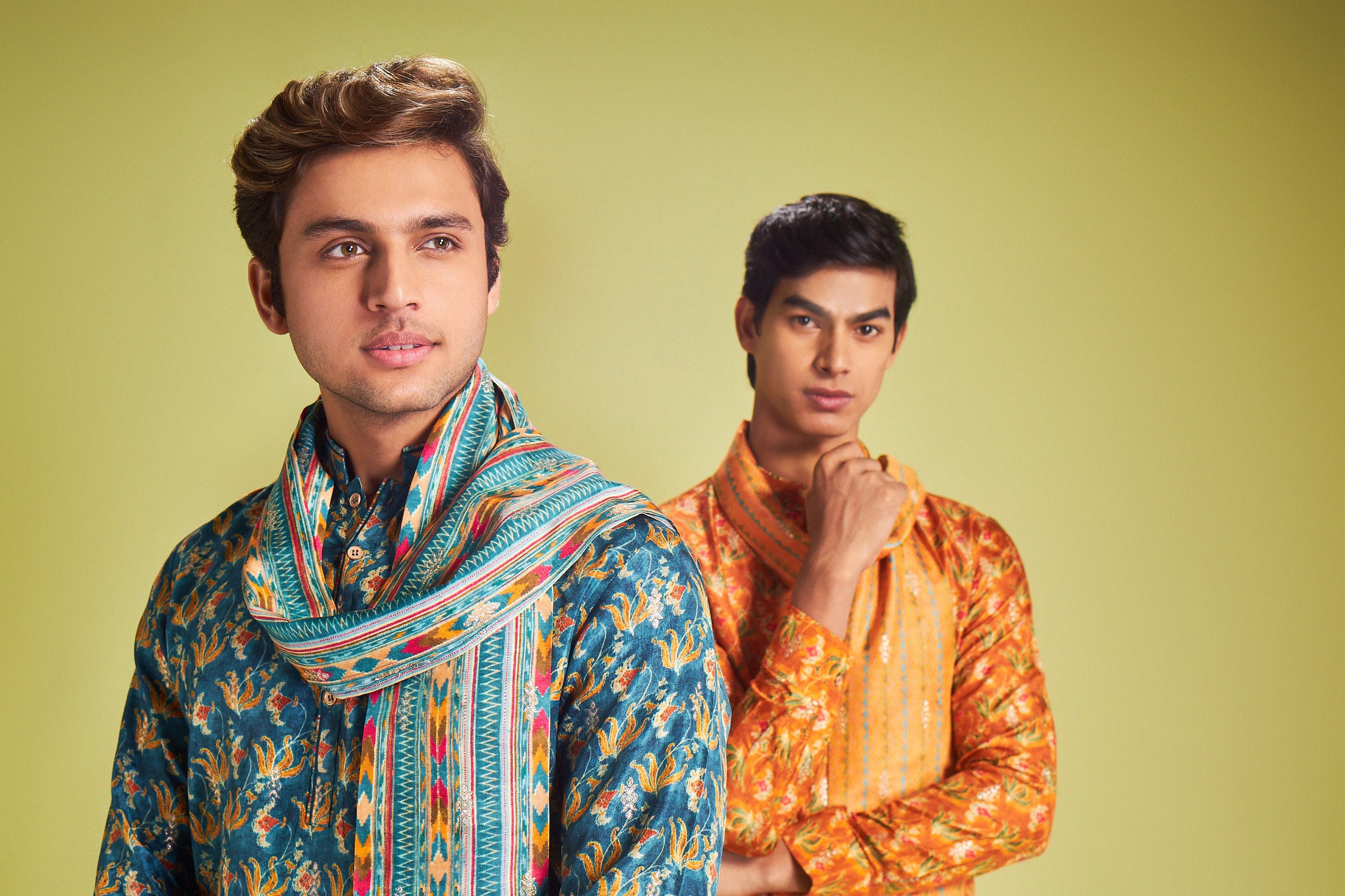 Orange Silk Kurta With Floral Geometric Print - Shreeman