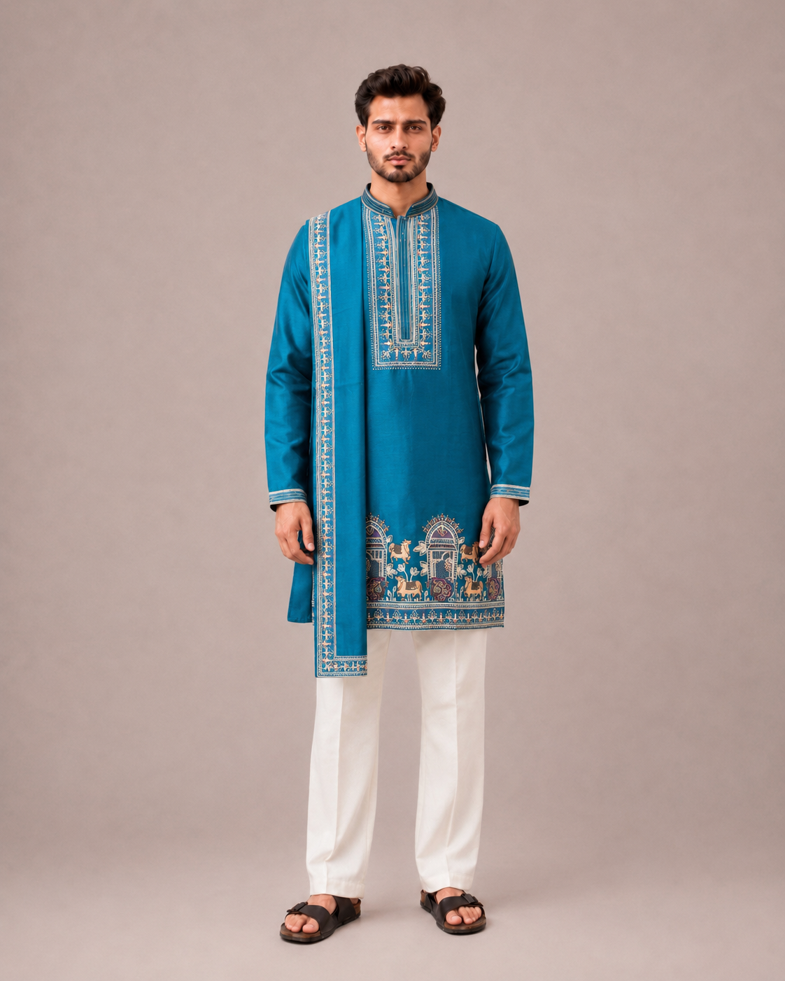 Rama Silk Kurta Set with Dupatta and Computer Print Work