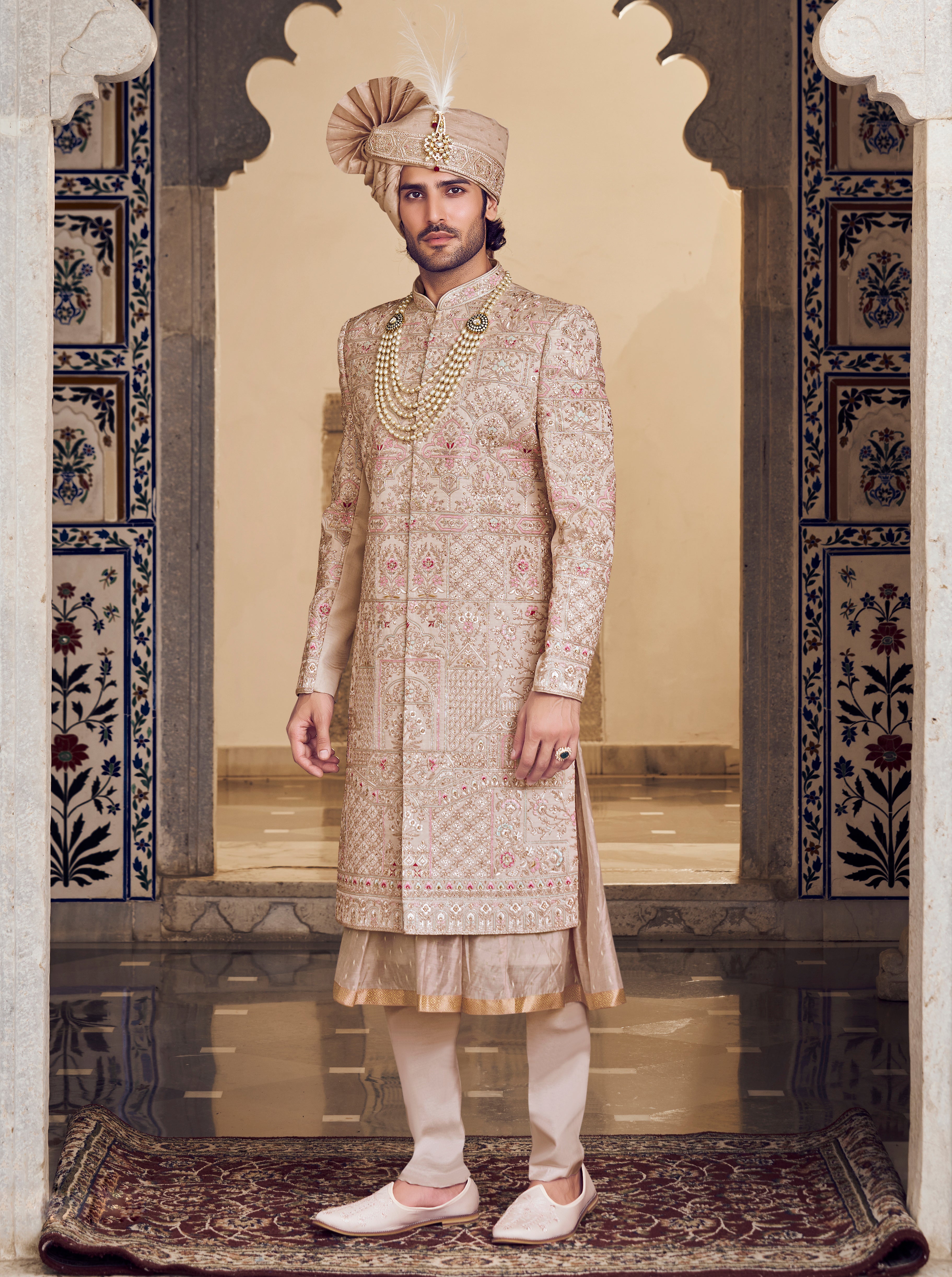 Beige Raw Silk Sherwani with Thread and Pearl Embroidery