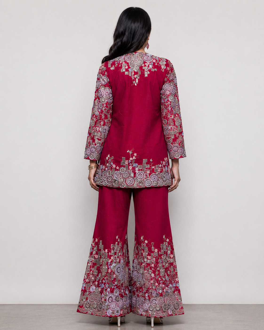 Red Silk Palazzo Suit with Moti, Sicon and Resham Work