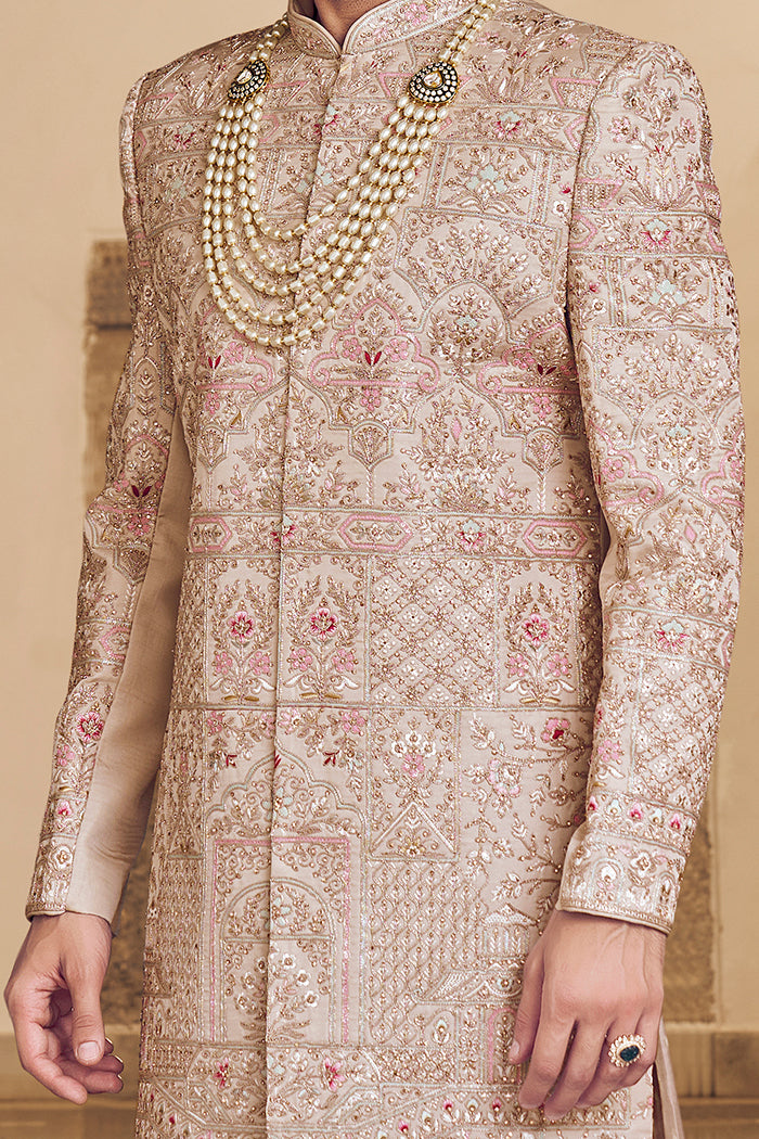 Beige Raw Silk Sherwani with Thread and Pearl Embroidery