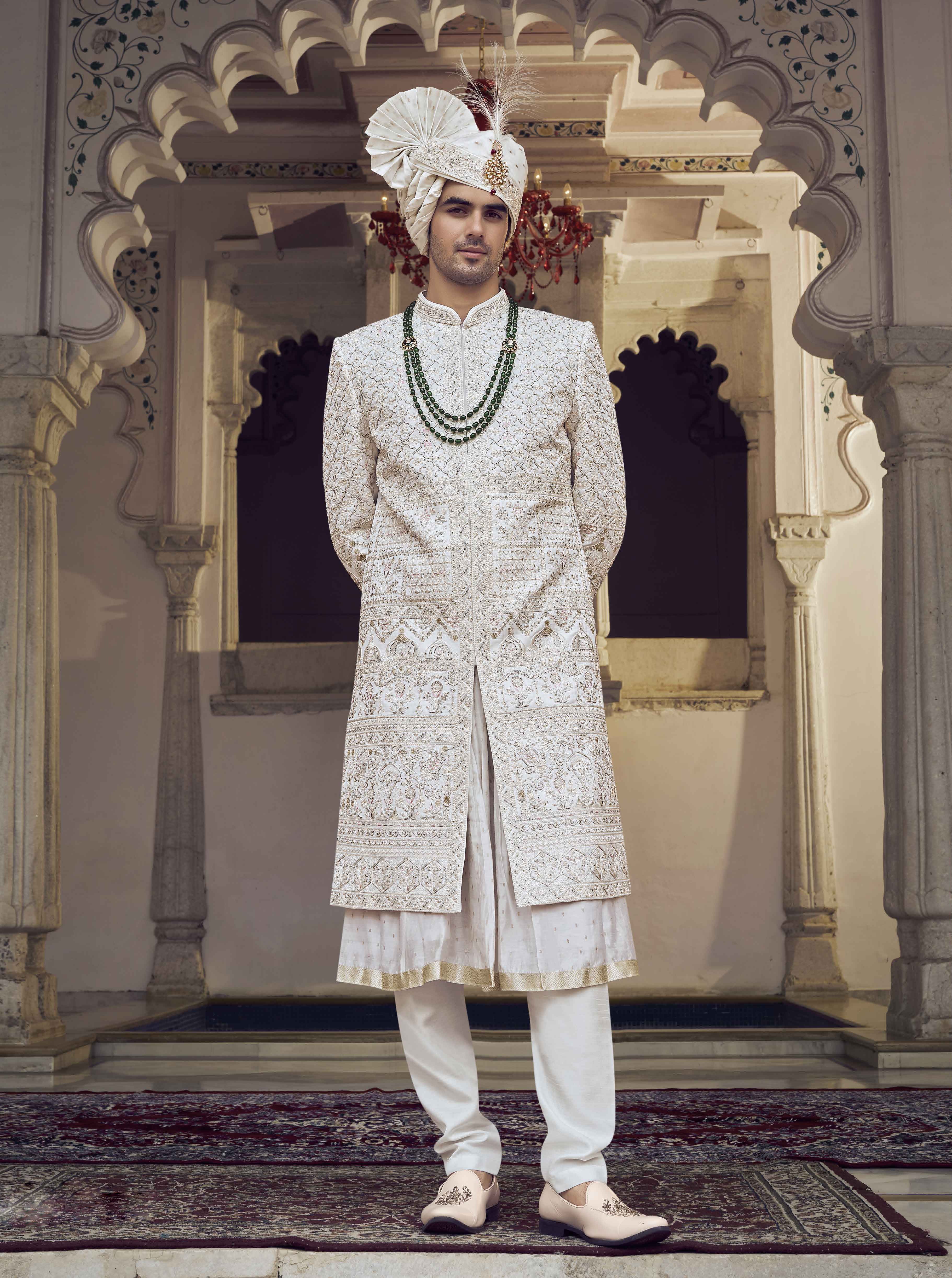 Off White Raw Silk Sherwani with Resham & Khaat Work