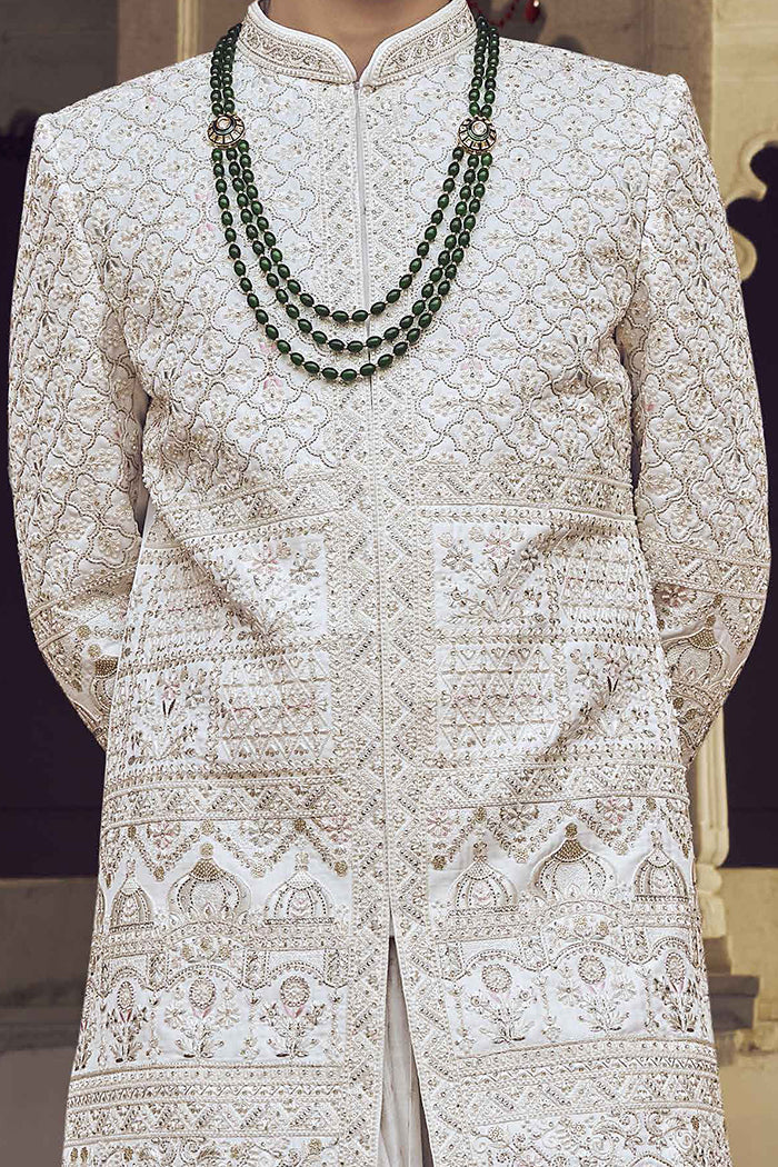 Off White Raw Silk Sherwani with Resham & Khaat Work