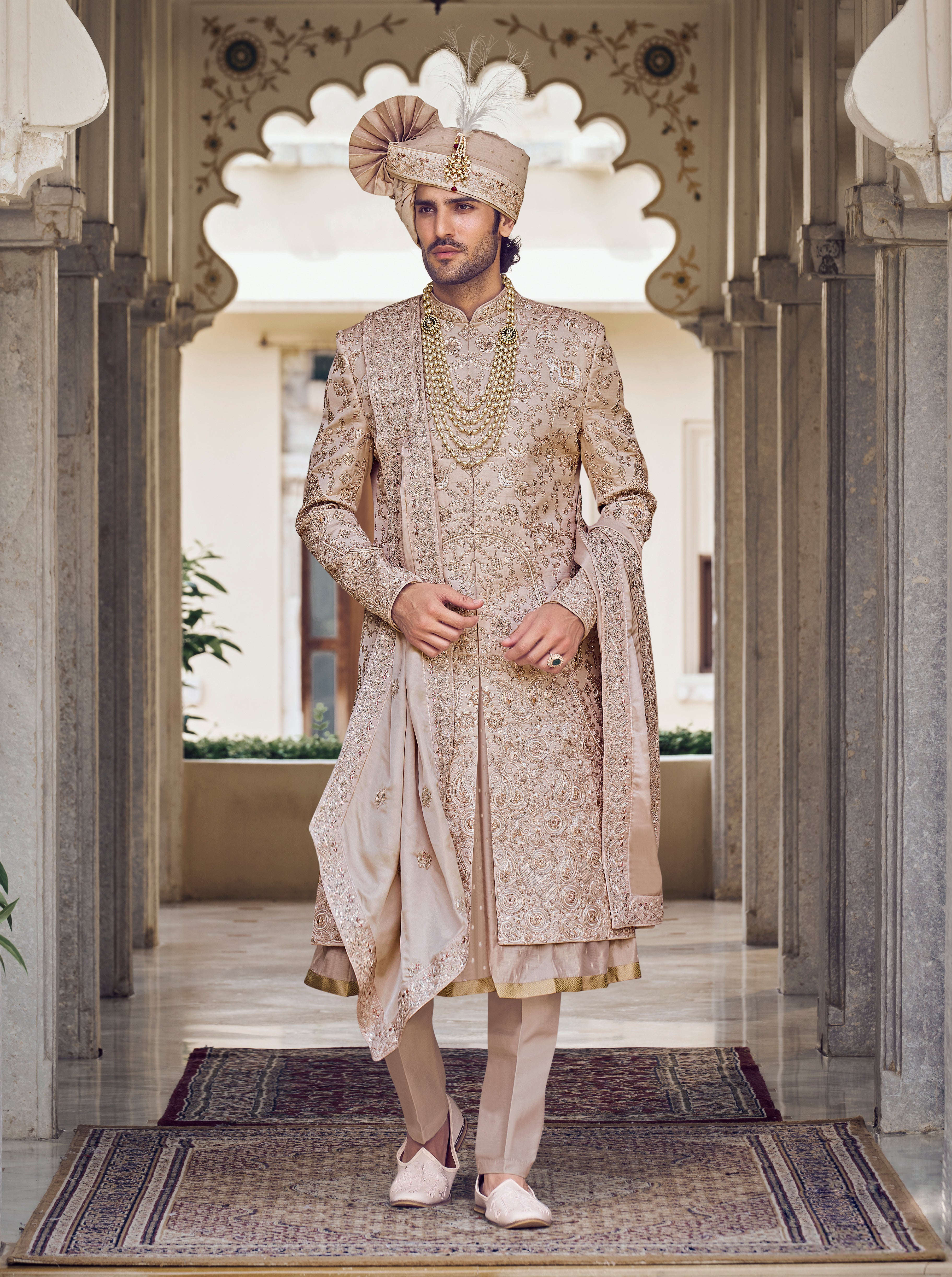 Light Gold Raw Silk Sherwani with Zardozi & Resham Work