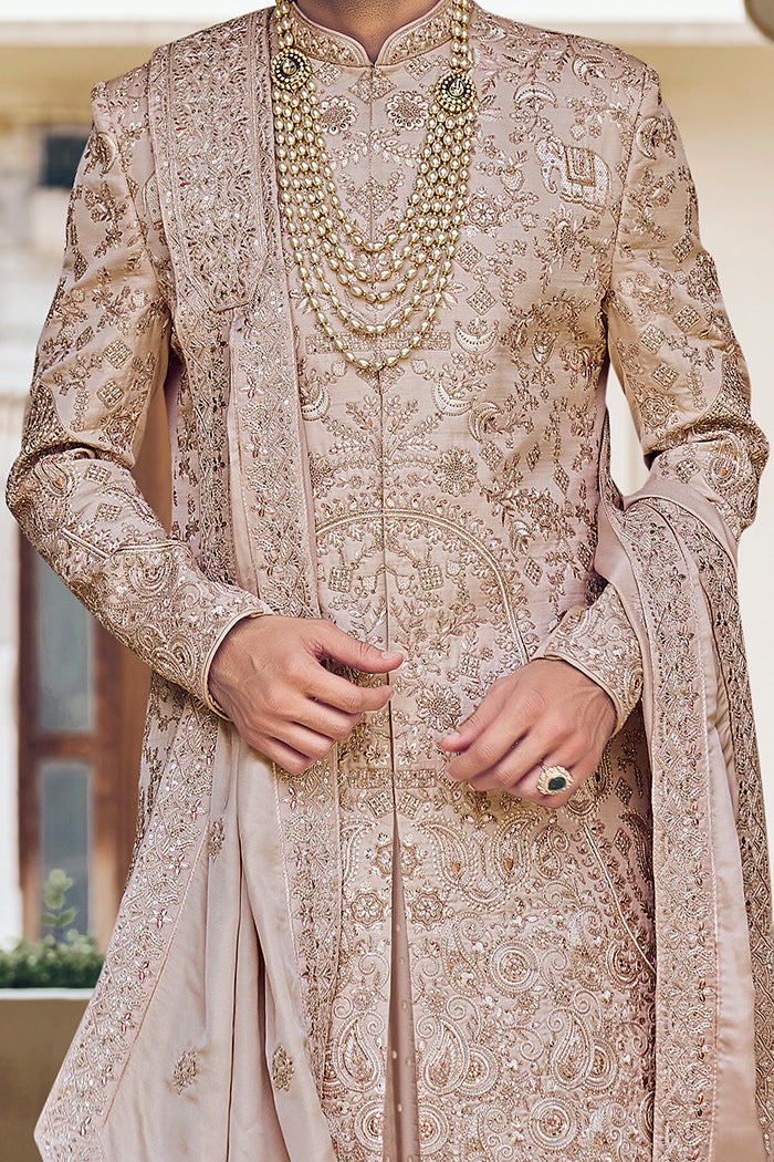 Light Gold Raw Silk Sherwani with Zardozi & Resham Work